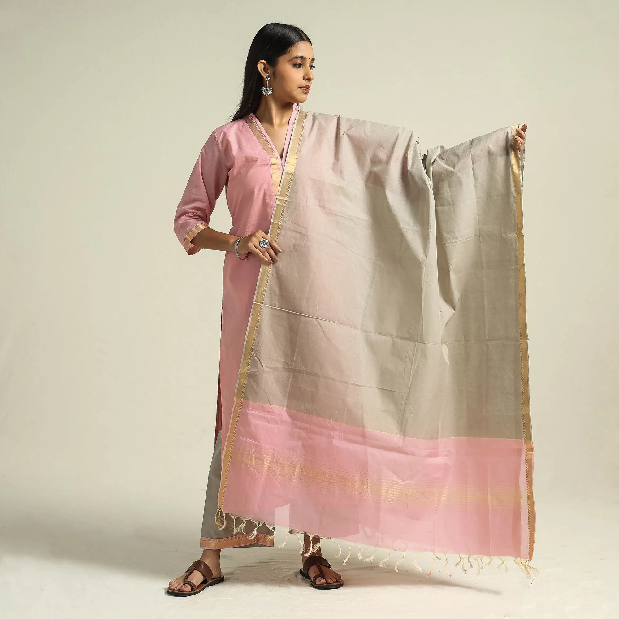 Light Pink - Mangalagiri Handloom Cotton Kurta with Palazzo & Dupatta Set sold by Itokri