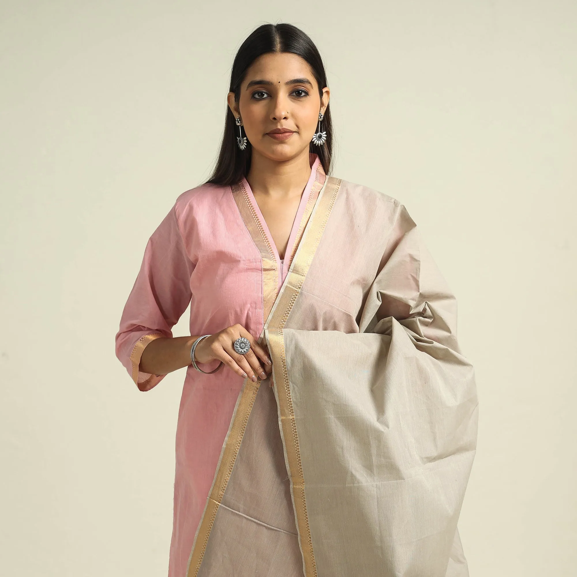 Light Pink - Mangalagiri Handloom Cotton Kurta with Palazzo & Dupatta Set sold by Itokri product image thumbnail 3