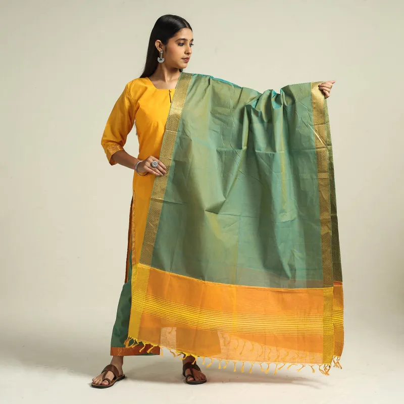 Yellow - Mangalagiri Handloom Cotton Kurta with Palazzo & Dupatta Set sold by Itokri