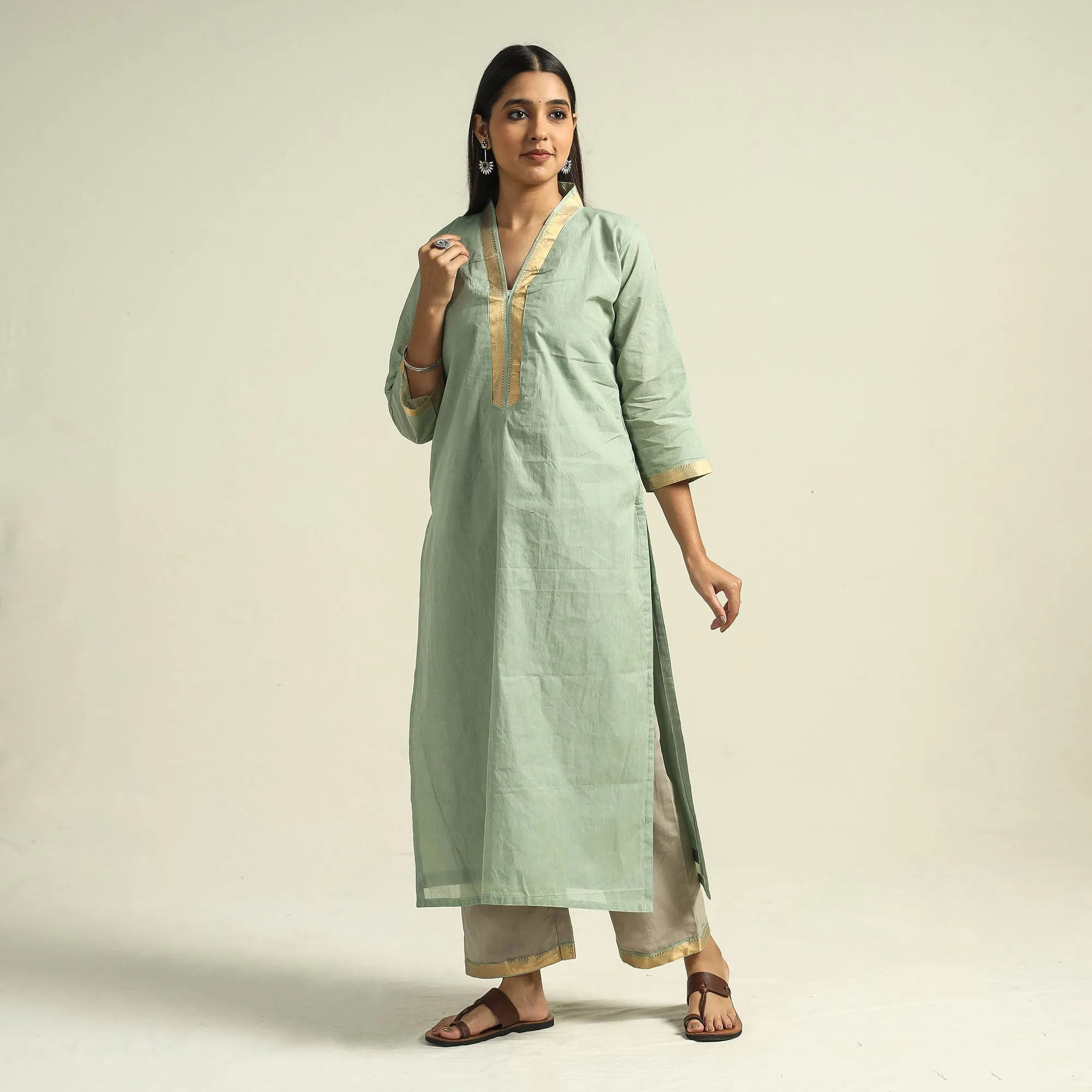 Light Green - Mangalagiri Handloom Cotton Kurta with Palazzo & Dupatta Set sold by Itokri product image thumbnail 4