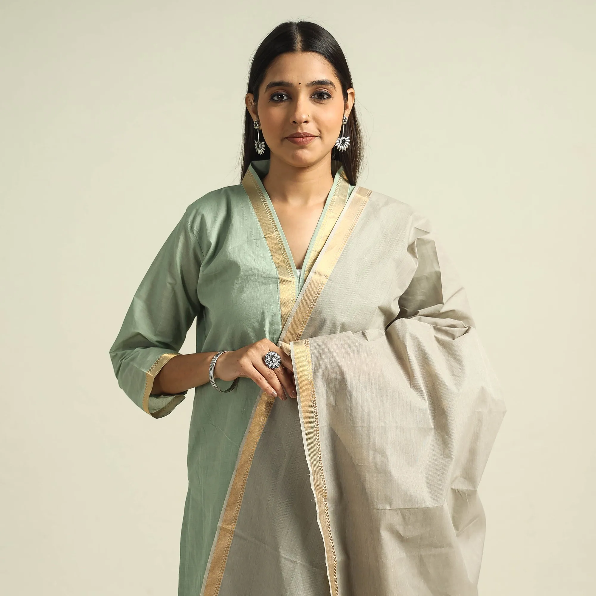 Light Green - Mangalagiri Handloom Cotton Kurta with Palazzo & Dupatta Set sold by Itokri product image thumbnail 3