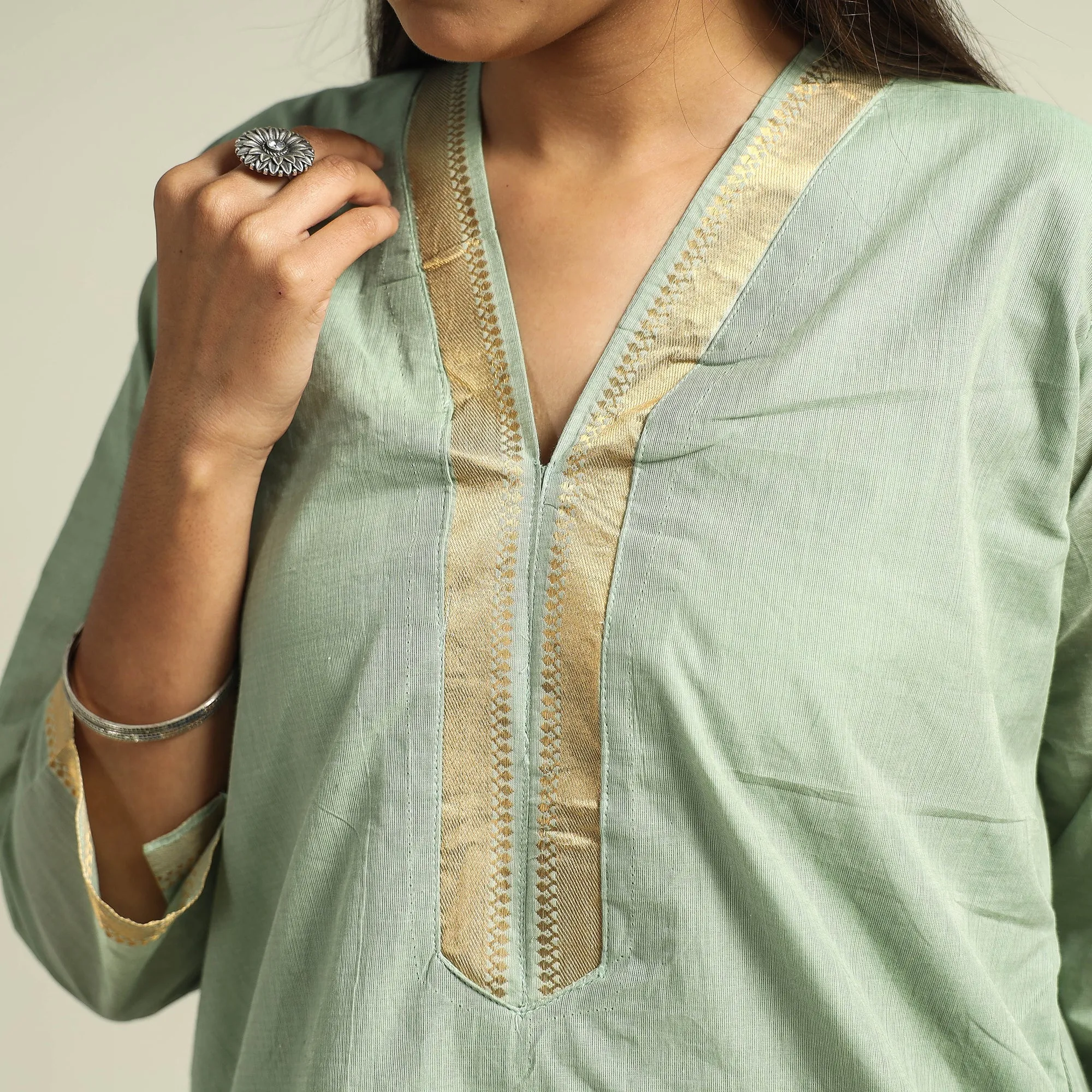 Light Green - Mangalagiri Handloom Cotton Kurta with Palazzo & Dupatta Set sold by Itokri product image thumbnail 5