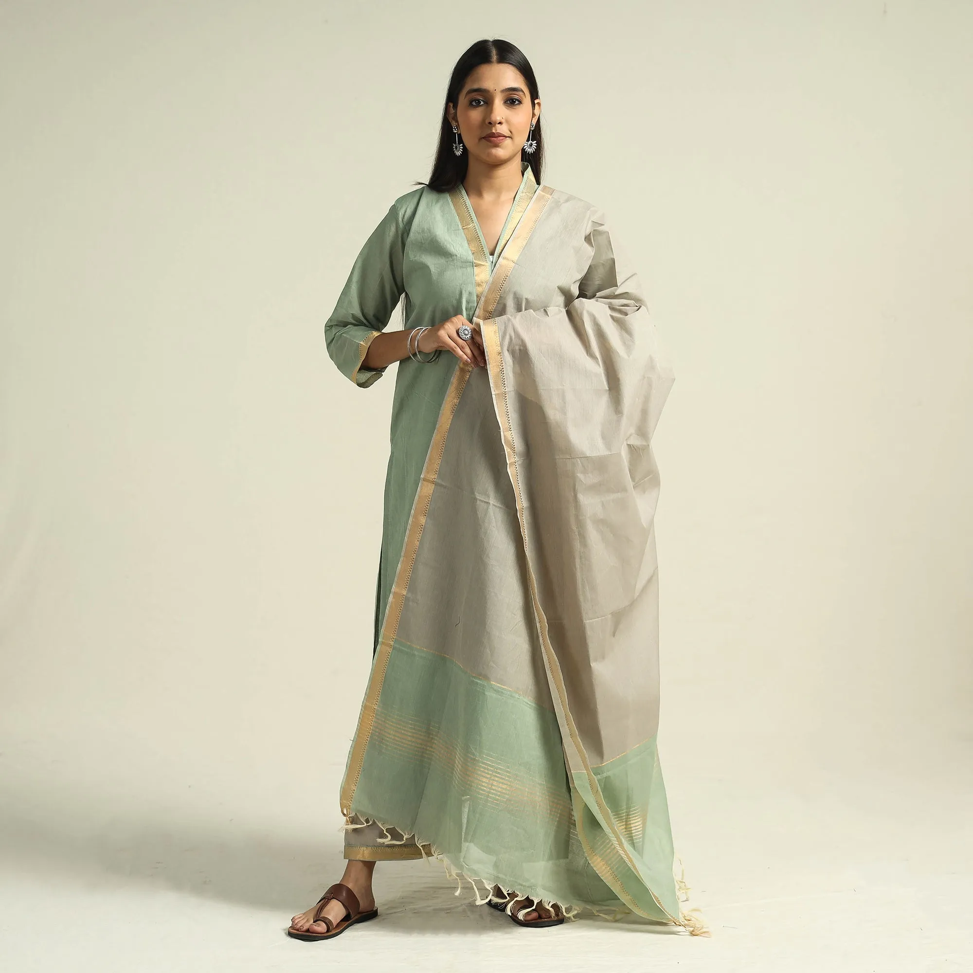 Light Green - Mangalagiri Handloom Cotton Kurta with Palazzo & Dupatta Set sold by Itokri product image thumbnail 2