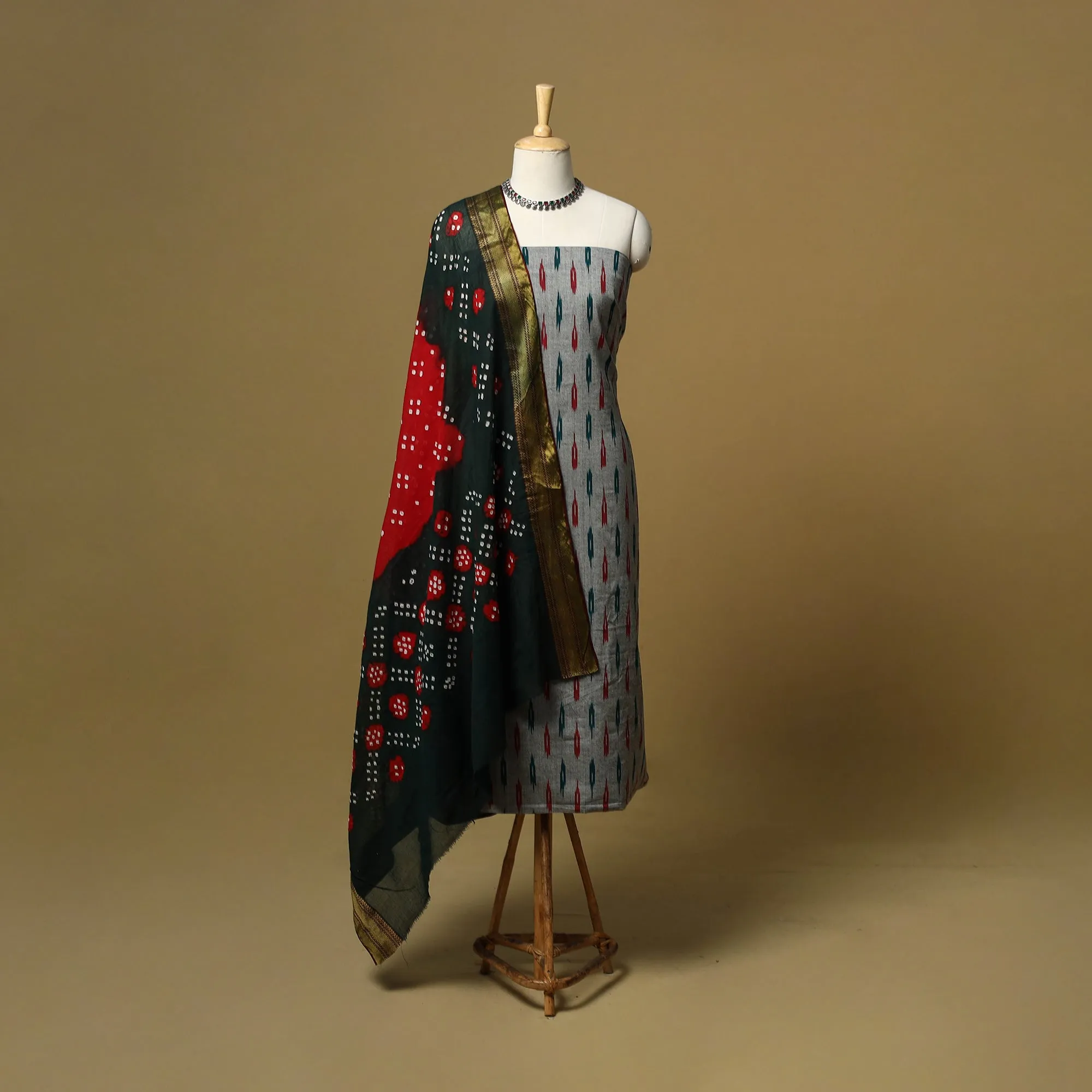 Grey - Pochampally Ikat Cotton 2pc Unstitched Dress Material with Earrings 18 sold by Itokri