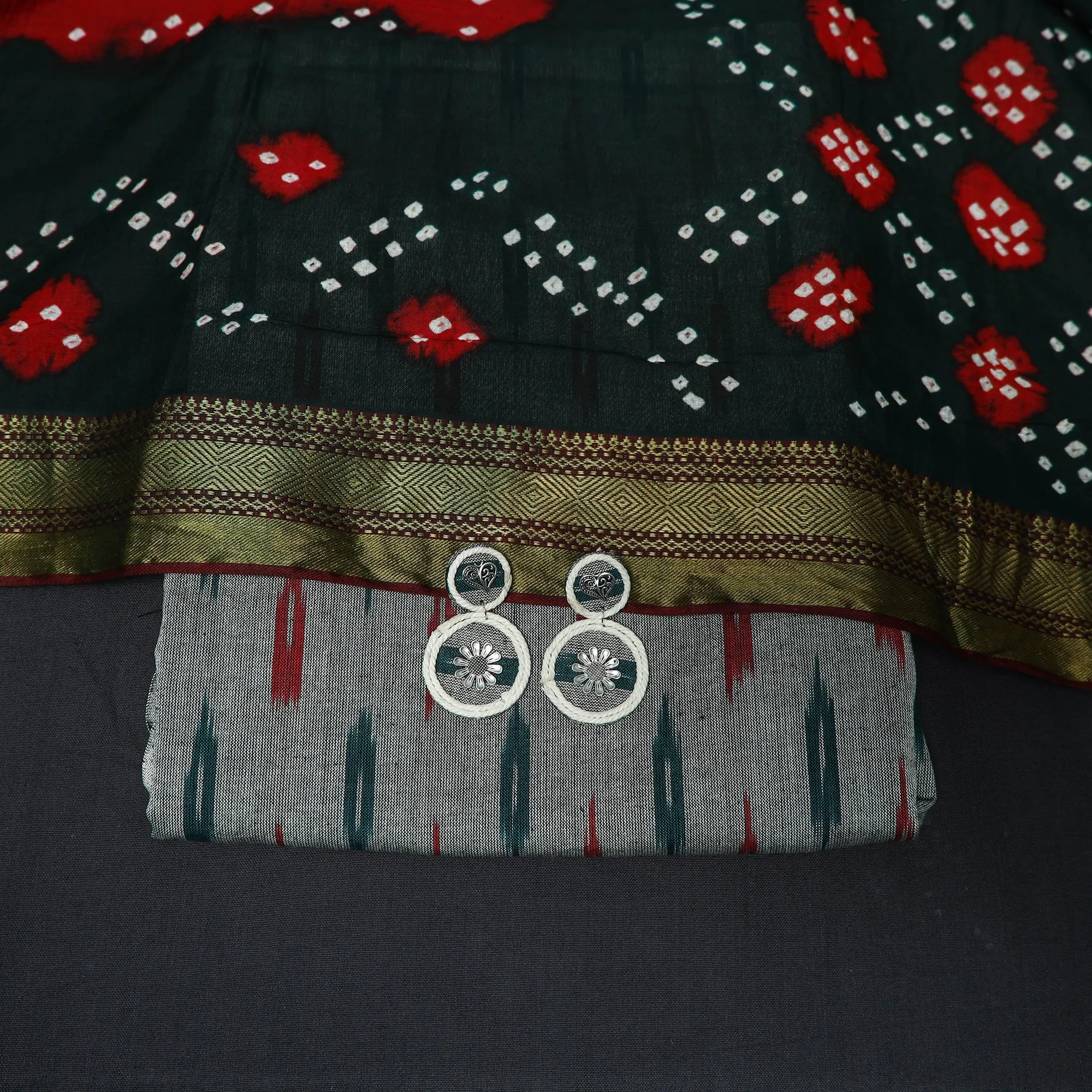 Grey - Pochampally Ikat Cotton 2pc Unstitched Dress Material with Earrings 18 sold by Itokri product image thumbnail 5