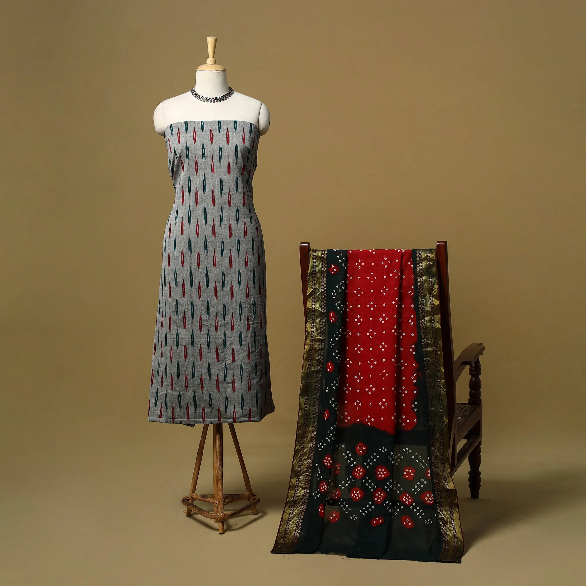 Grey - Pochampally Ikat Cotton 2pc Unstitched Dress Material with Earrings 18 sold by Itokri product image thumbnail 2