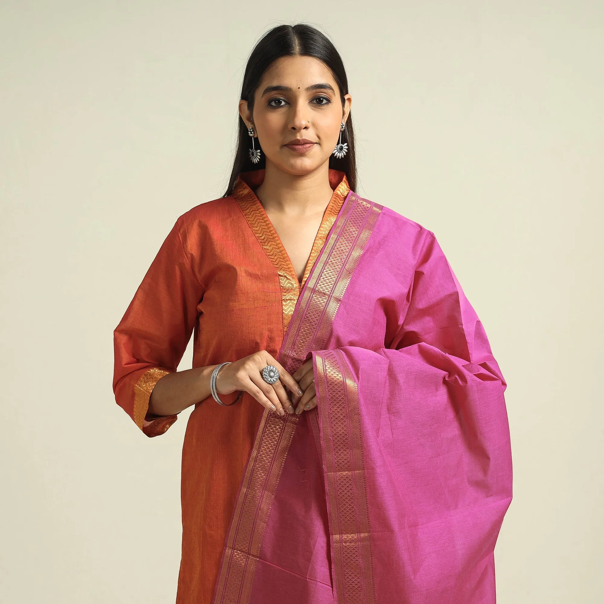 Orange - Mangalagiri Handloom Cotton Kurta with Palazzo & Dupatta Set sold by Itokri product image thumbnail 3