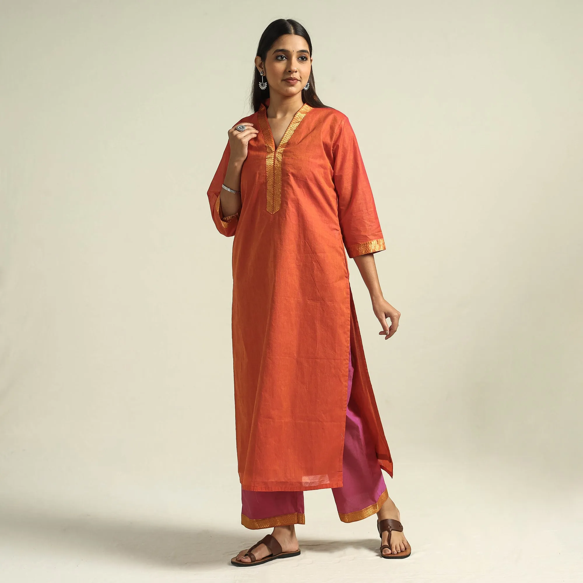 Orange - Mangalagiri Handloom Cotton Kurta with Palazzo & Dupatta Set sold by Itokri product image thumbnail 4
