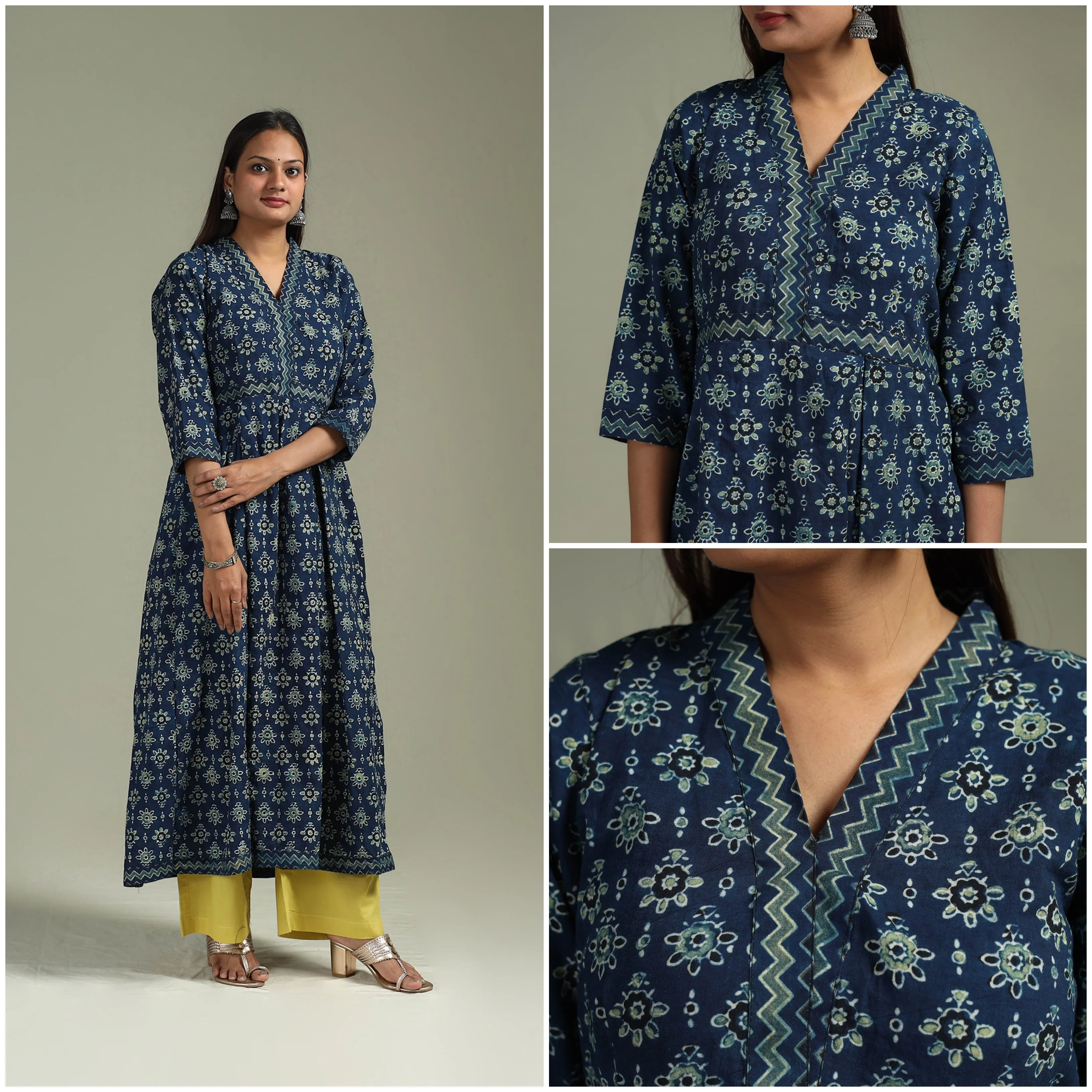 Blue - Hand Block Print Natural Dyed Cotton A-Line Ajrakh Kurta for women 16 sold by Itokri product image thumbnail 3