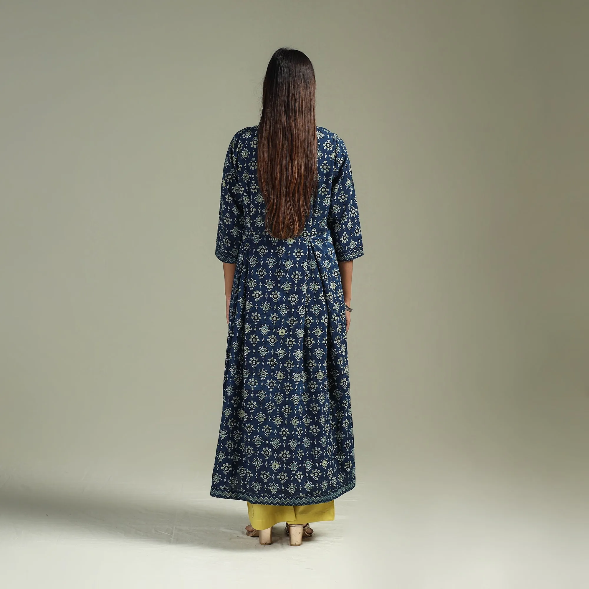 Blue - Hand Block Print Natural Dyed Cotton A-Line Ajrakh Kurta for women 16 sold by Itokri product image thumbnail 5