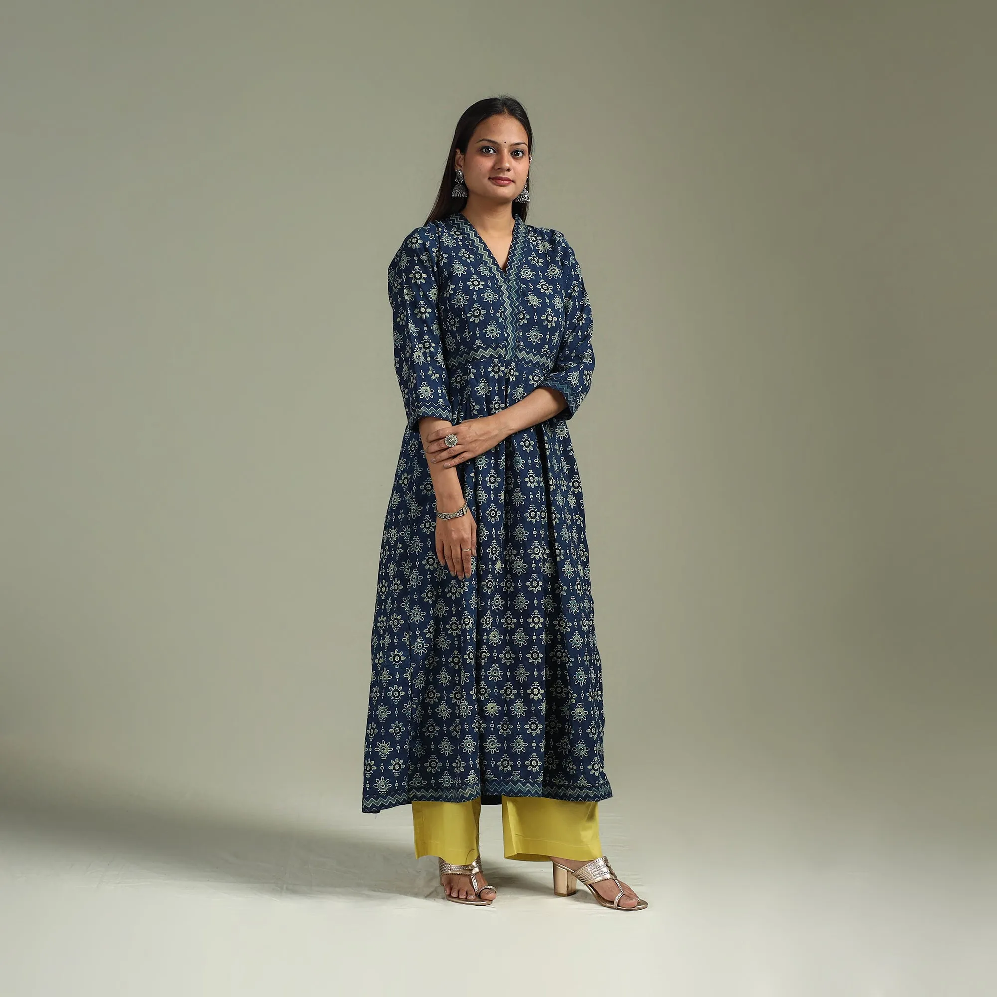 Blue - Hand Block Print Natural Dyed Cotton A-Line Ajrakh Kurta for women 16 sold by Itokri product image thumbnail 4