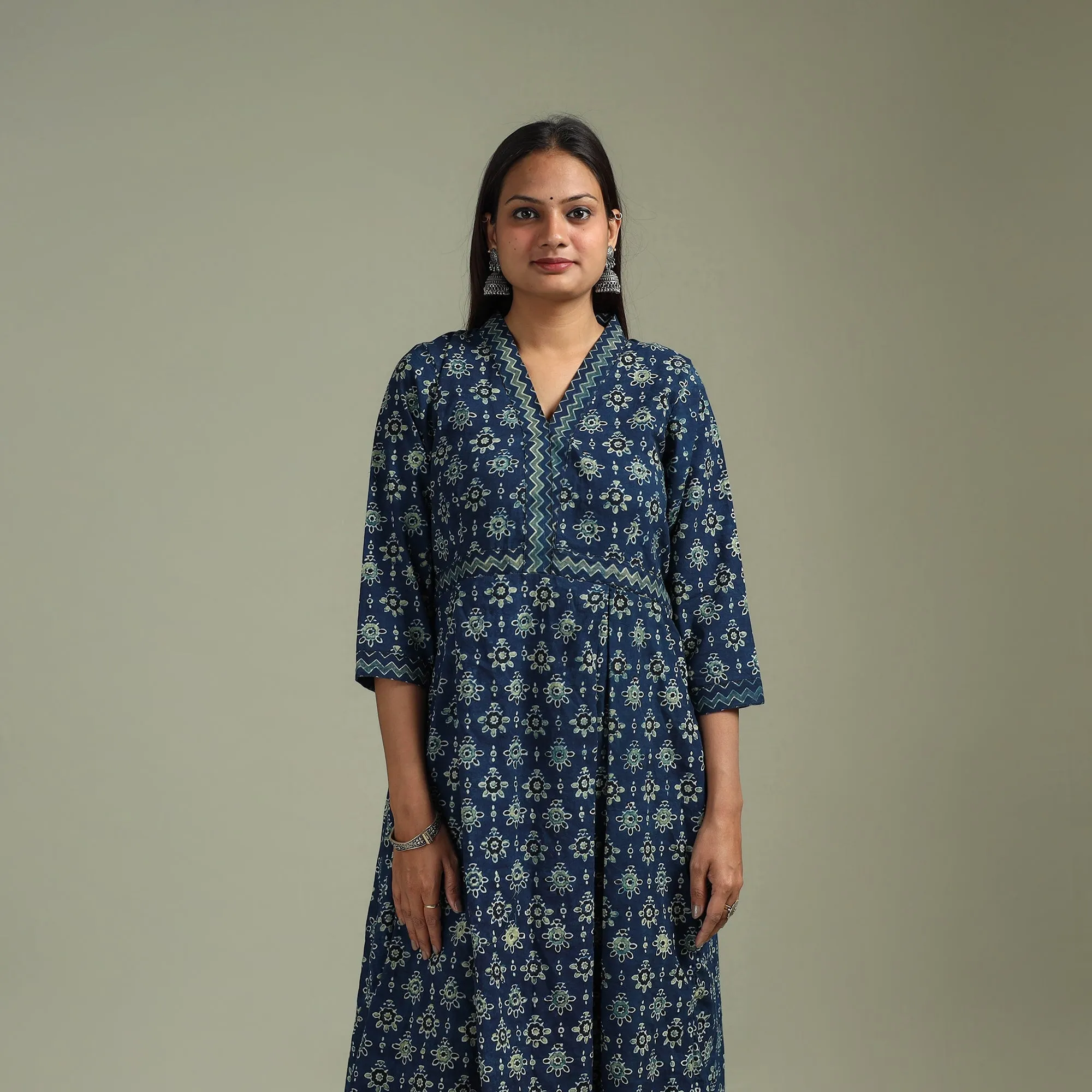 Blue - Hand Block Print Natural Dyed Cotton A-Line Ajrakh Kurta for women 16 sold by Itokri product image thumbnail 2