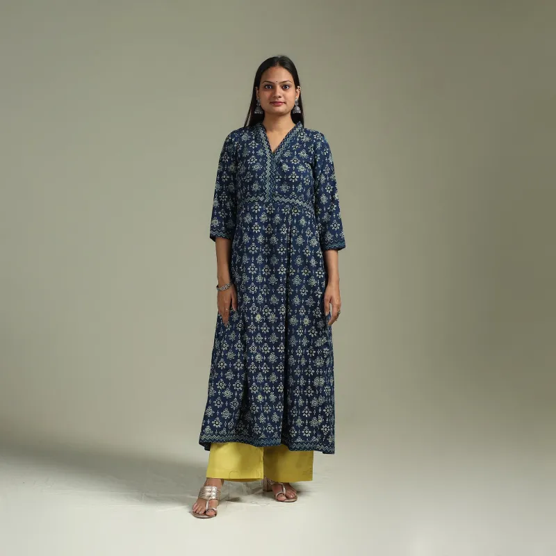 Blue - Hand Block Print Natural Dyed Cotton A-Line Ajrakh Kurta for women 16 sold by Itokri