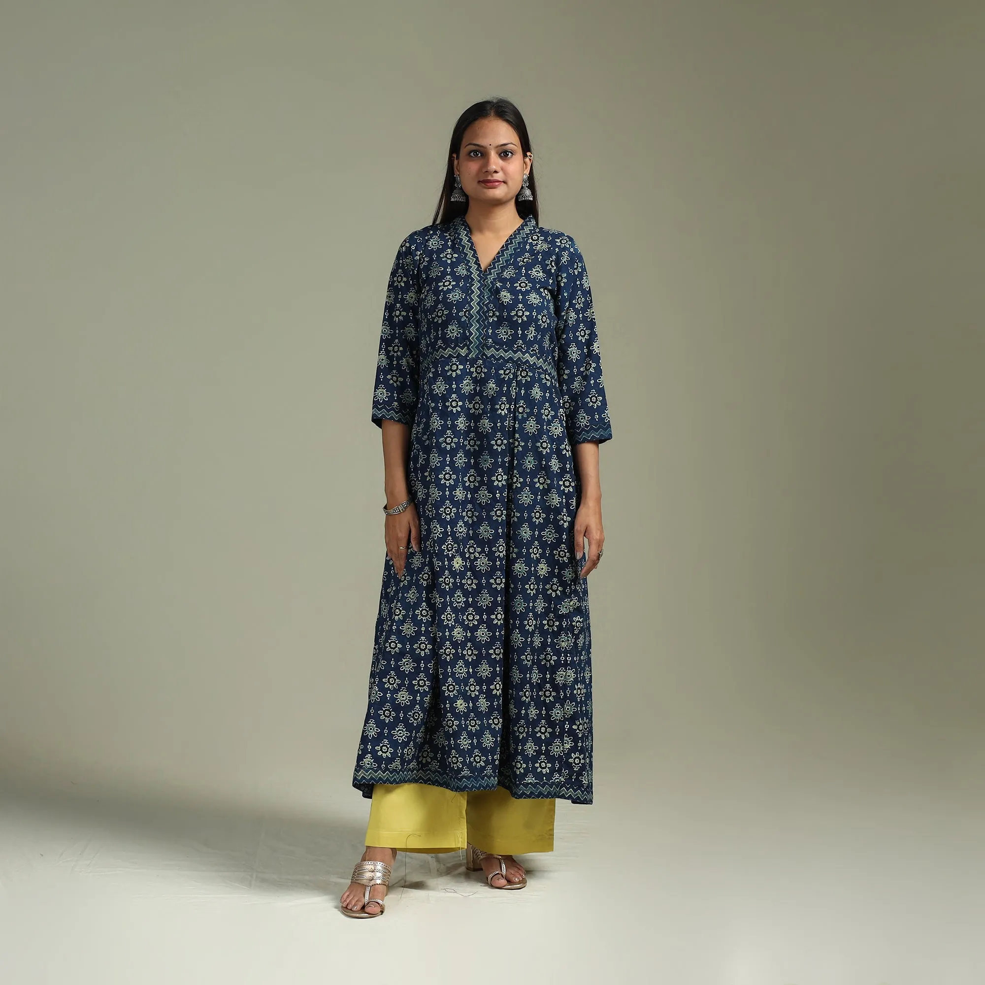 Blue - Hand Block Print Natural Dyed Cotton A-Line Ajrakh Kurta for women 16 sold by Itokri