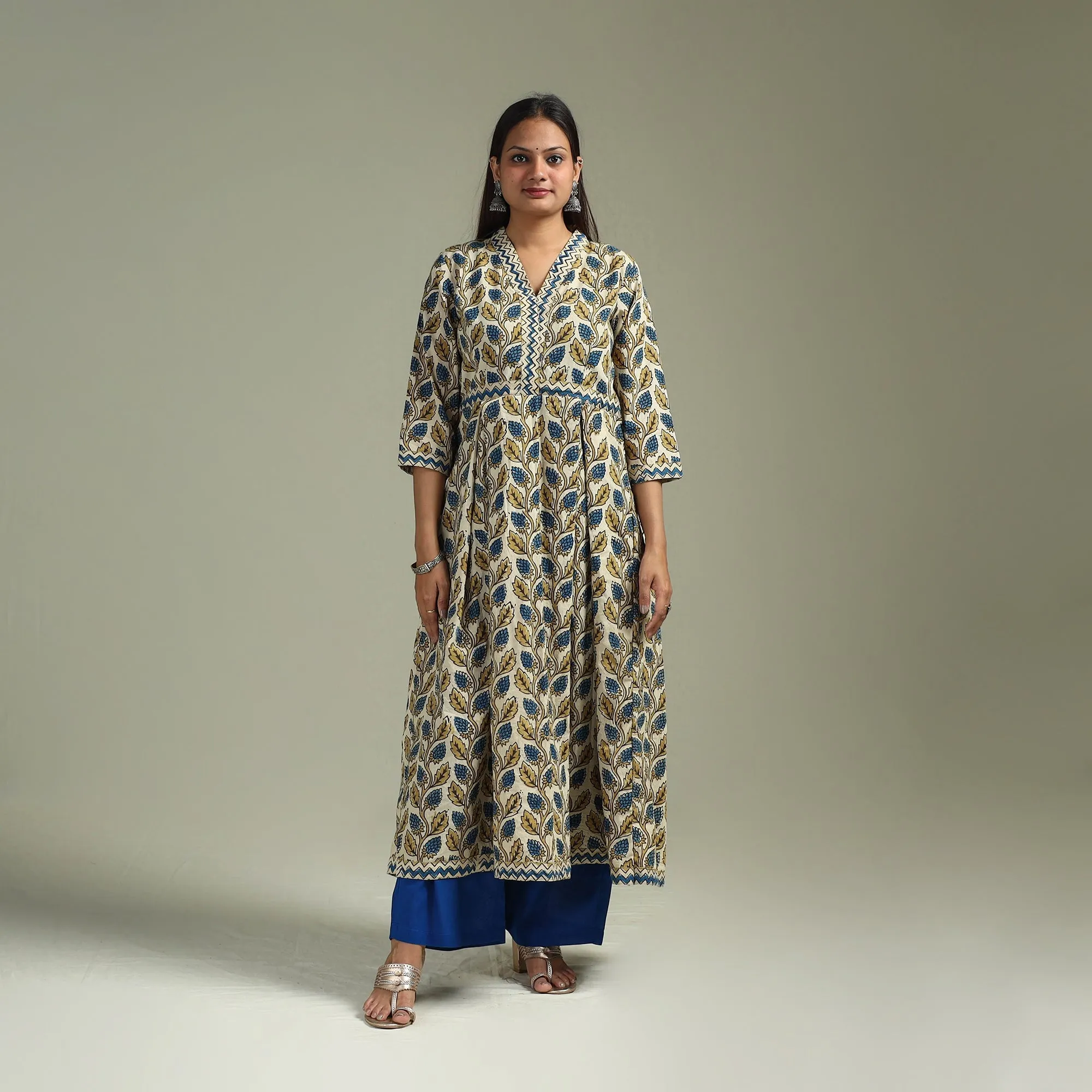 Beige - Hand Block Print Natural Dyed Cotton A-Line Ajrakh Kurta for women 17 sold by Itokri