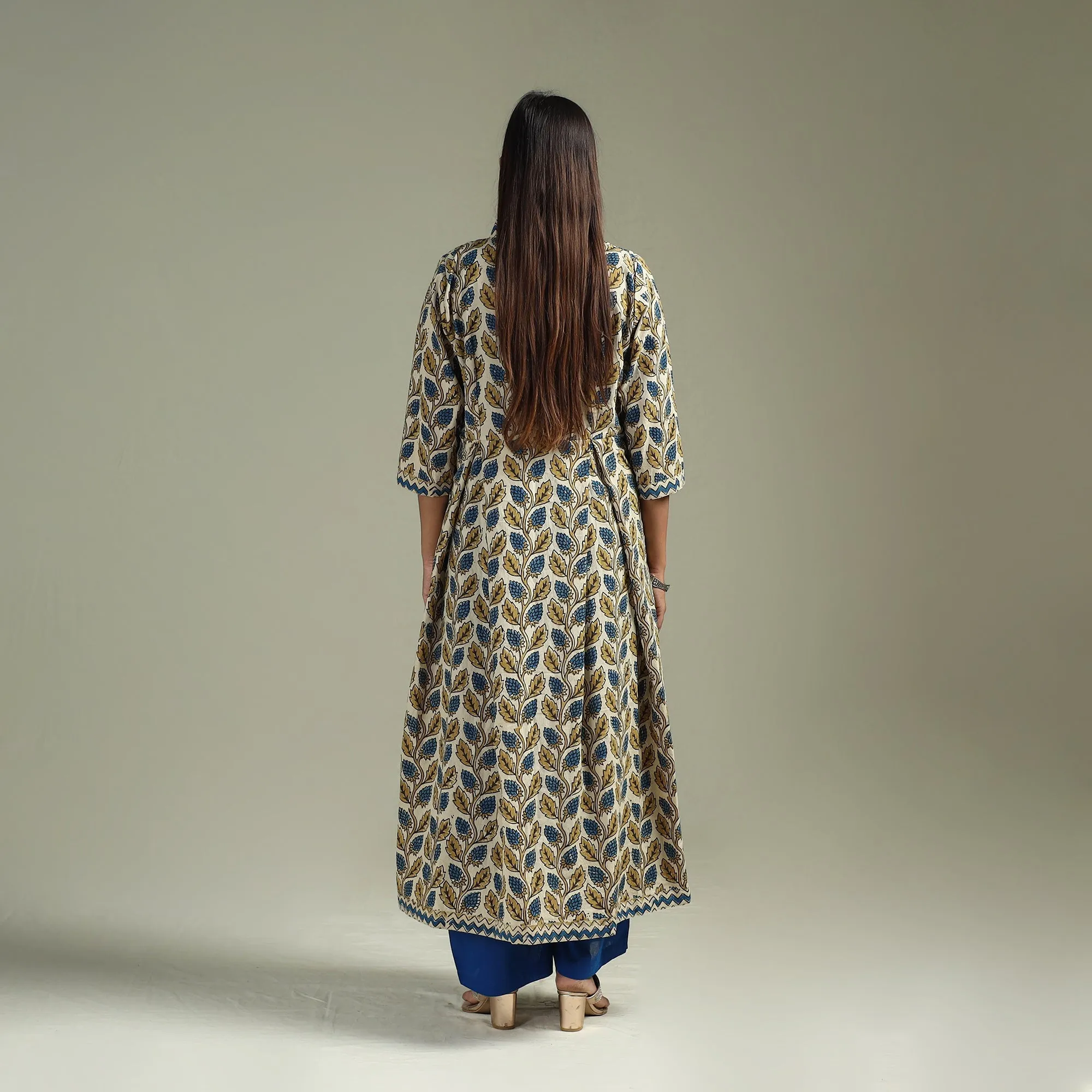 Beige - Hand Block Print Natural Dyed Cotton A-Line Ajrakh Kurta for women 17 sold by Itokri product image thumbnail 5