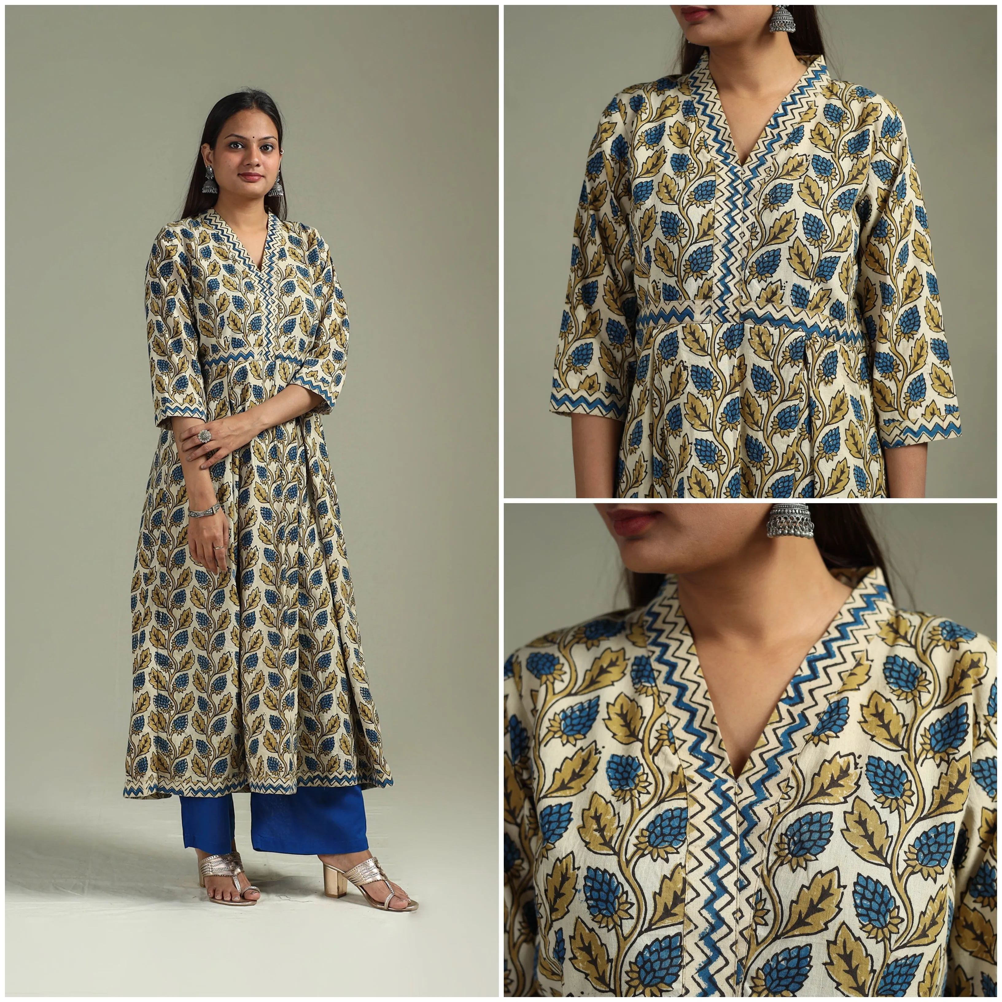 Beige - Hand Block Print Natural Dyed Cotton A-Line Ajrakh Kurta for women 17 sold by Itokri product image thumbnail 3