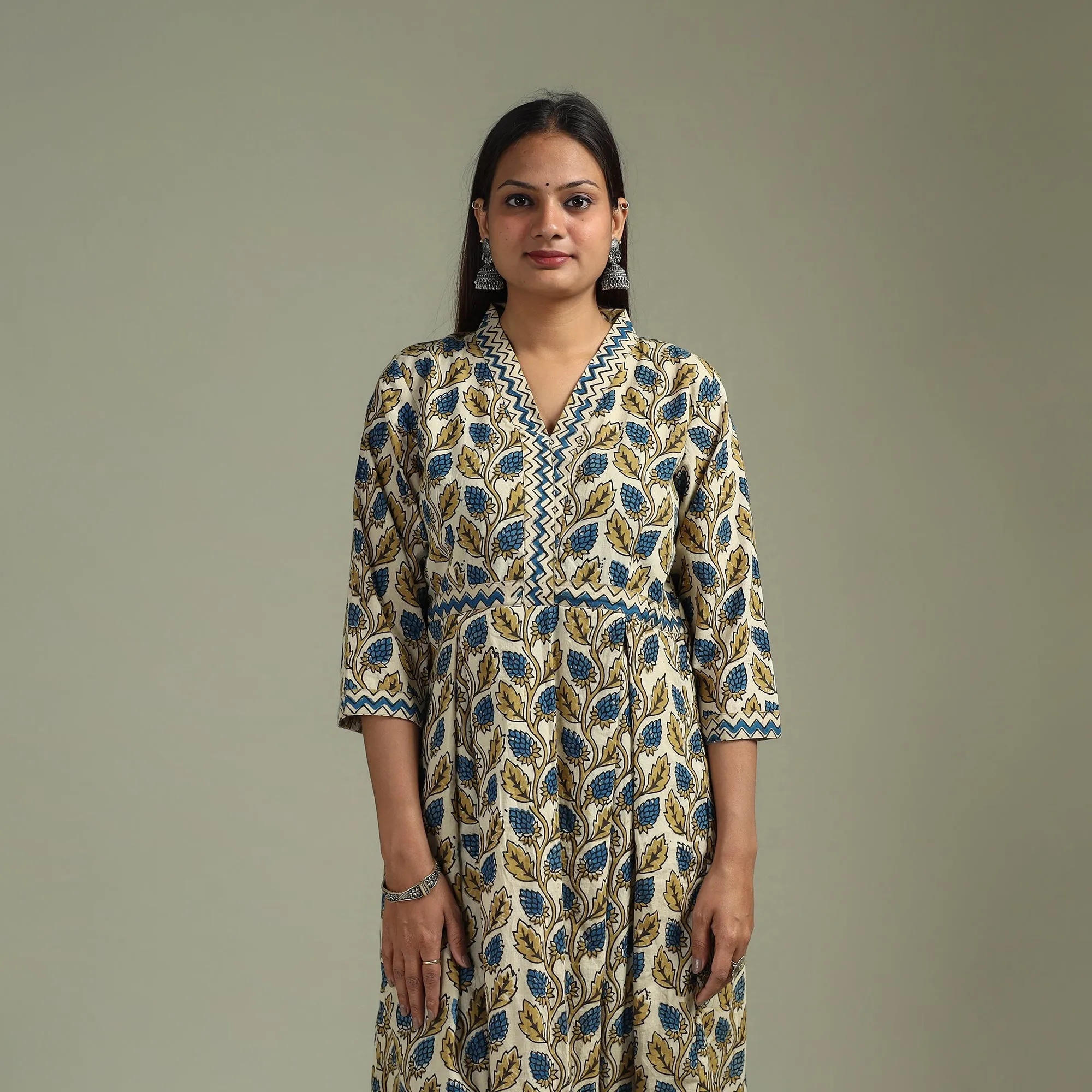 Beige - Hand Block Print Natural Dyed Cotton A-Line Ajrakh Kurta for women 17 sold by Itokri product image thumbnail 2
