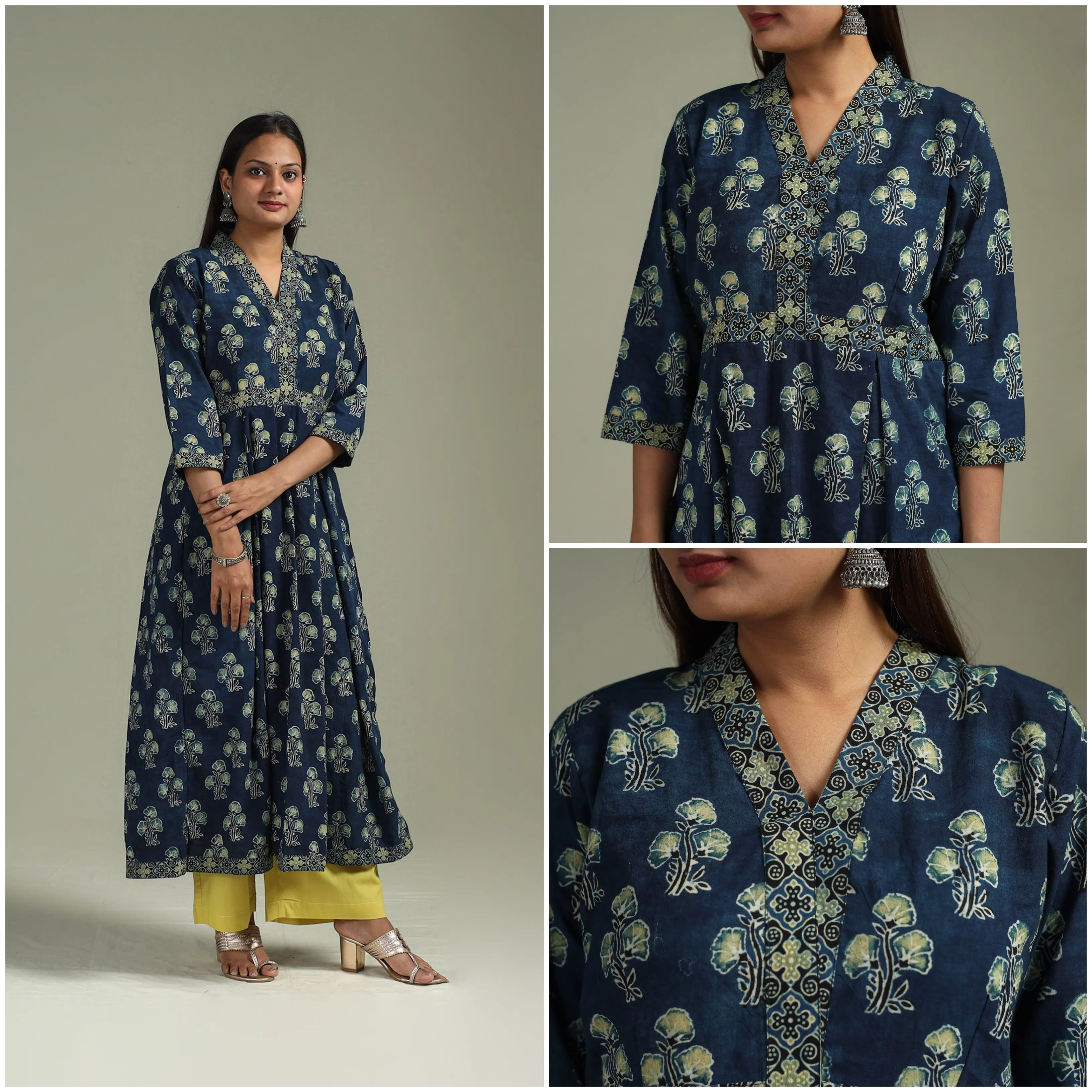 Blue - Hand Block Print Natural Dyed Cotton A-Line Ajrakh Kurta for women 18 sold by Itokri product image thumbnail 3
