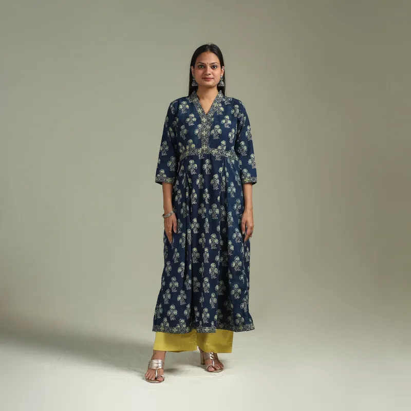 Blue - Hand Block Print Natural Dyed Cotton A-Line Ajrakh Kurta for women 18 made by Itokri