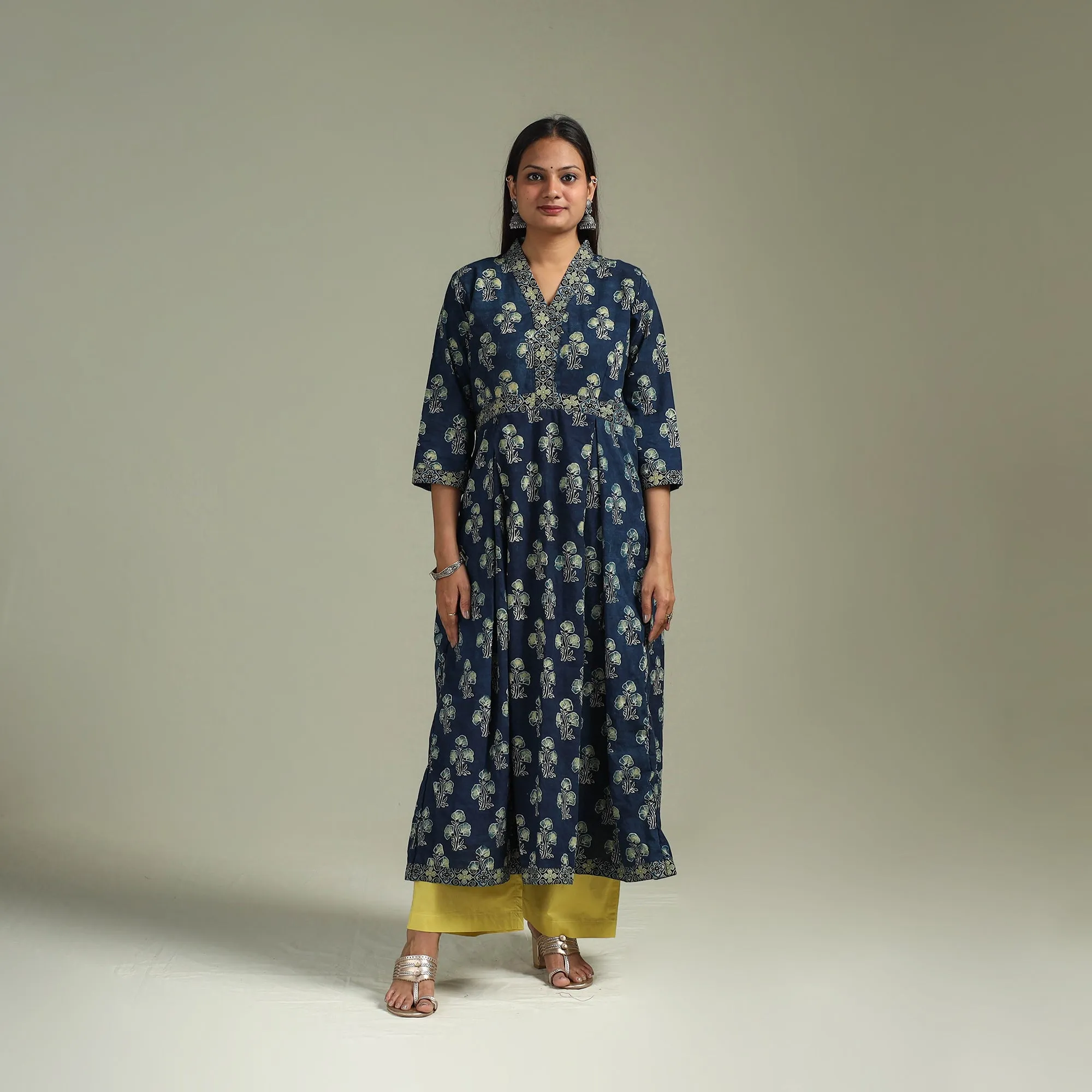 Blue - Hand Block Print Natural Dyed Cotton A-Line Ajrakh Kurta for women 18 sold by Itokri