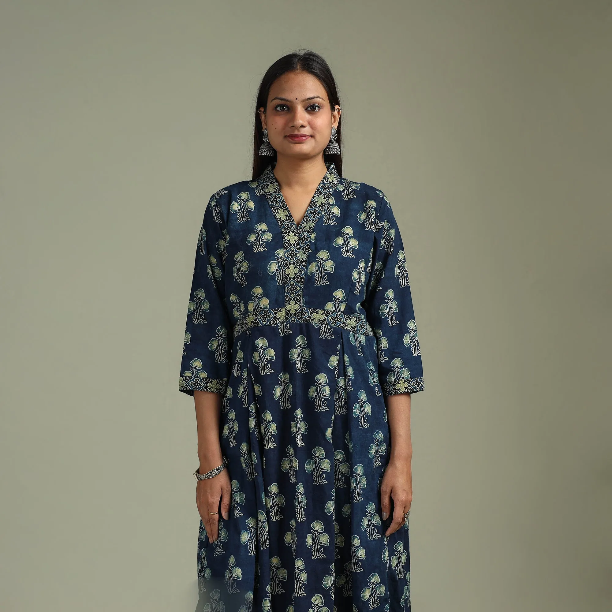 Blue - Hand Block Print Natural Dyed Cotton A-Line Ajrakh Kurta for women 18 sold by Itokri product image thumbnail 2