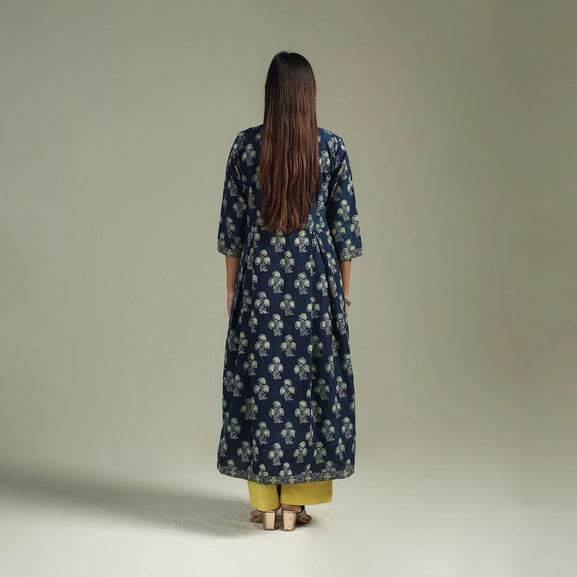 Blue - Hand Block Print Natural Dyed Cotton A-Line Ajrakh Kurta for women 18 sold by Itokri product image thumbnail 5