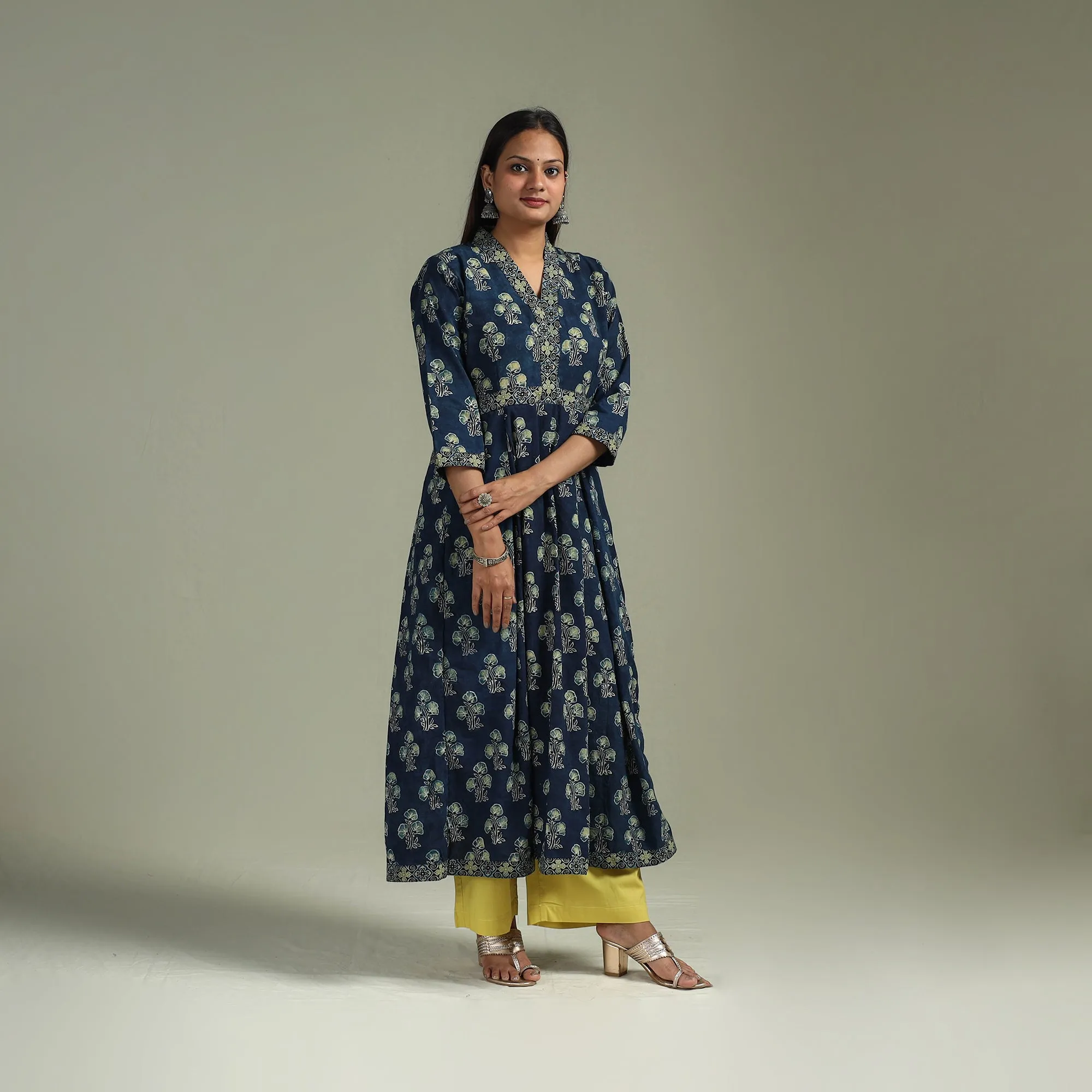 Blue - Hand Block Print Natural Dyed Cotton A-Line Ajrakh Kurta for women 18 sold by Itokri product image thumbnail 4