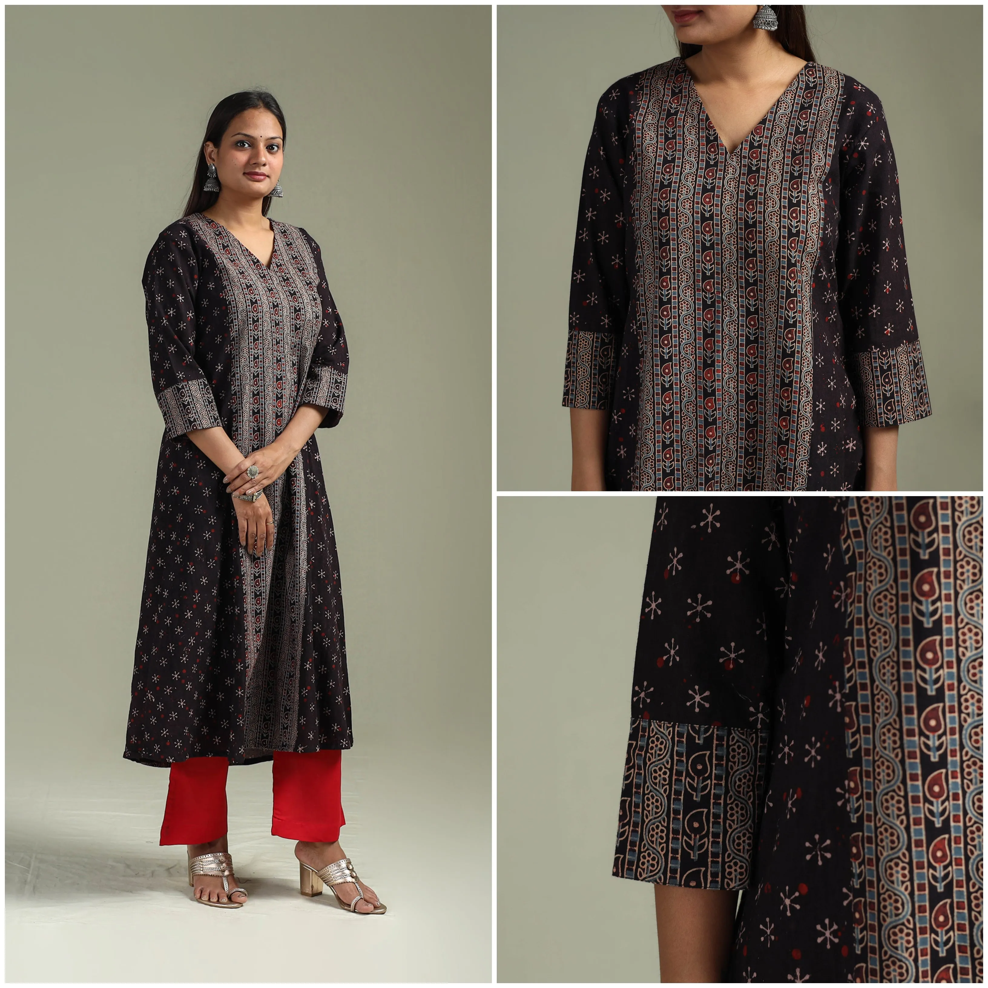 Black - Hand Block Print Natural Dyed Cotton A-Line Ajrakh Kurta for women 11 sold by Itokri product image thumbnail 3