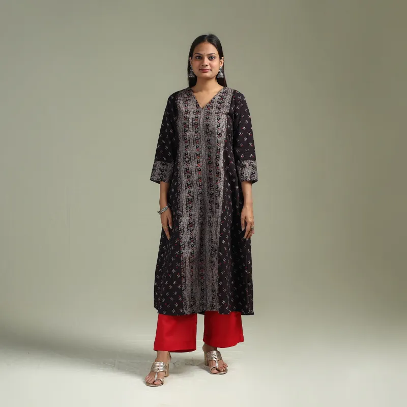 Black - Hand Block Print Natural Dyed Cotton A-Line Ajrakh Kurta for women 11 made by Itokri