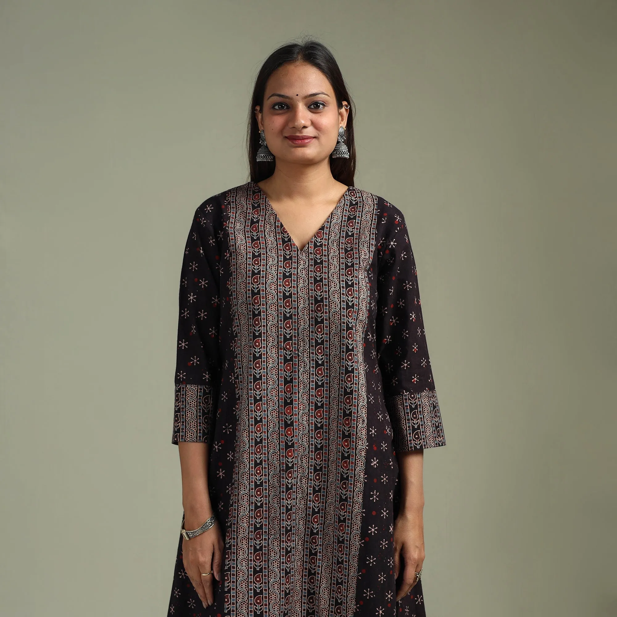 Black - Hand Block Print Natural Dyed Cotton A-Line Ajrakh Kurta for women 11 sold by Itokri product image thumbnail 2