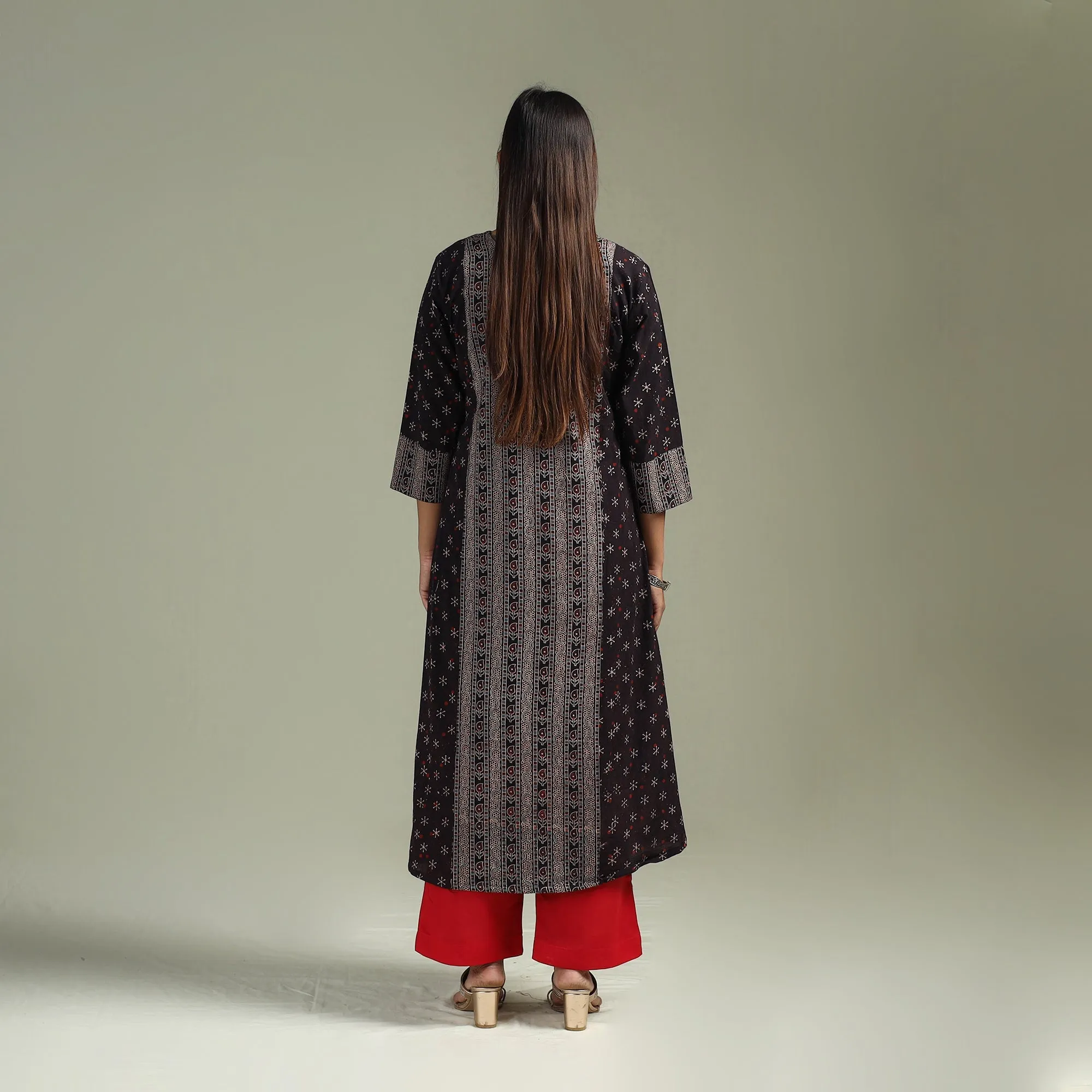 Black - Hand Block Print Natural Dyed Cotton A-Line Ajrakh Kurta for women 11 sold by Itokri product image thumbnail 5