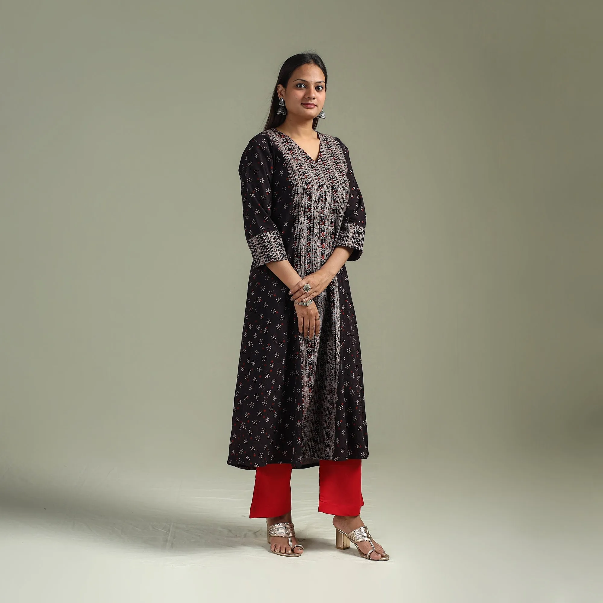 Black - Hand Block Print Natural Dyed Cotton A-Line Ajrakh Kurta for women 11 sold by Itokri product image thumbnail 4