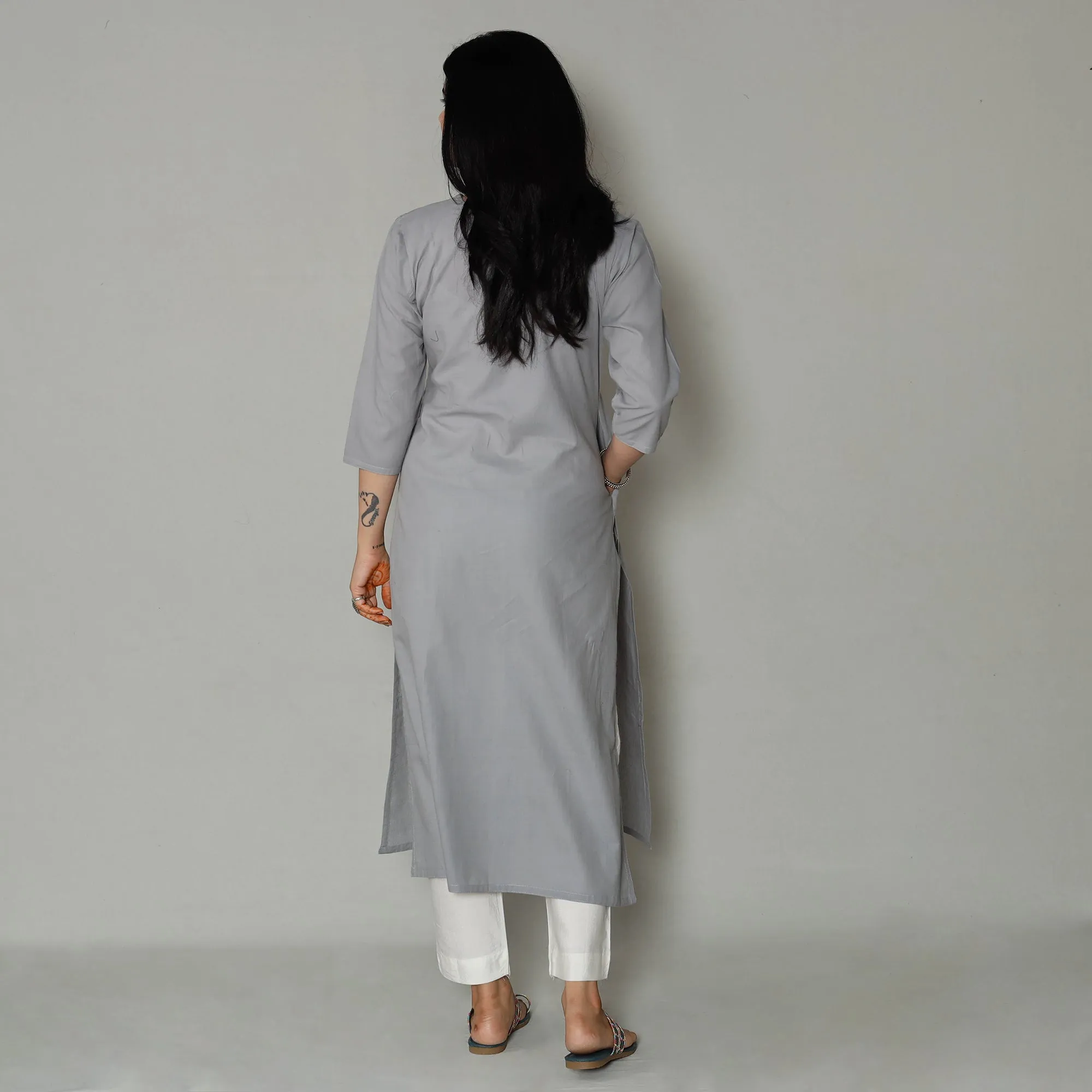 Light Grey - Plain Cotton Pintuck Long Straight Kurta sold by Itokri product image thumbnail 4