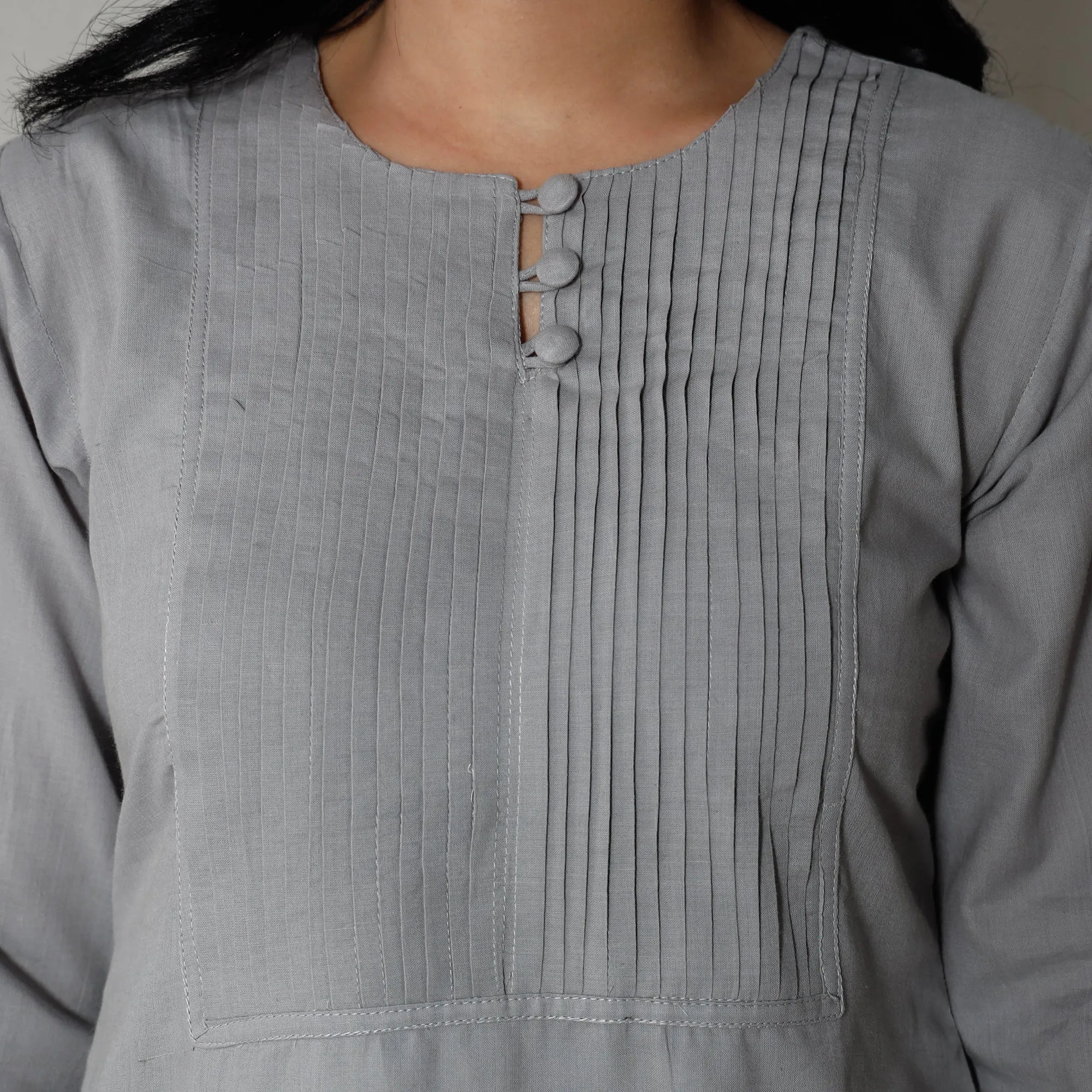 Light Grey - Plain Cotton Pintuck Long Straight Kurta sold by Itokri product image thumbnail 5