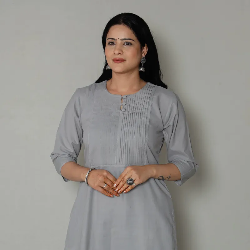Light Grey - Plain Cotton Pintuck Long Straight Kurta sold by Itokri