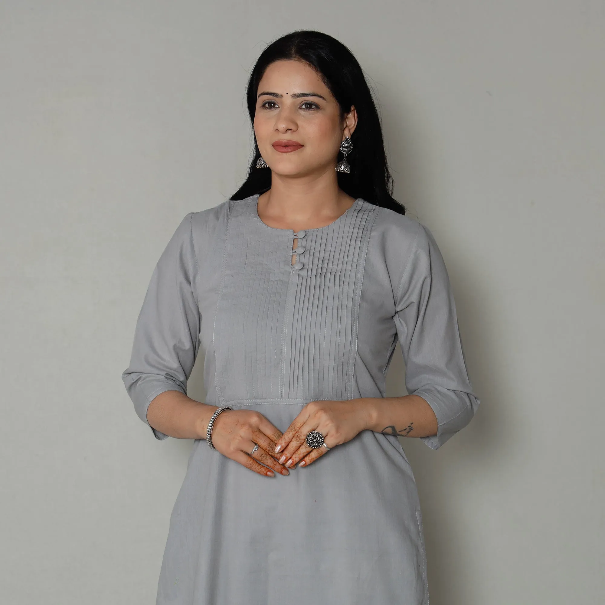 Light Grey - Plain Cotton Pintuck Long Straight Kurta sold by Itokri