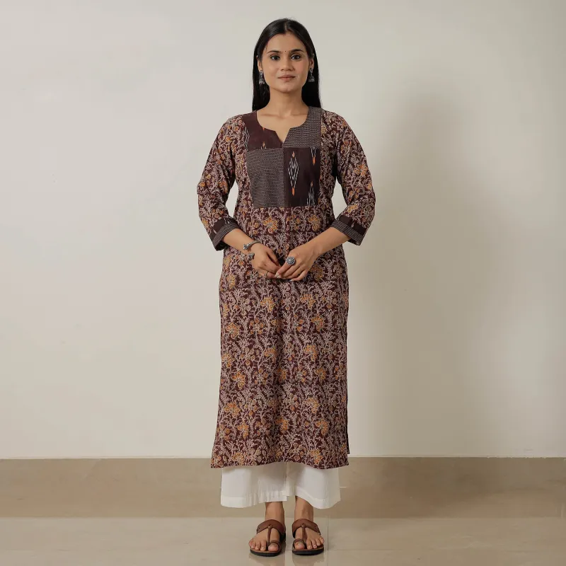 Maroon - Pedana Kalamkari Block Printed Cotton Straight Kurta with Patchwork 06 sold by Itokri