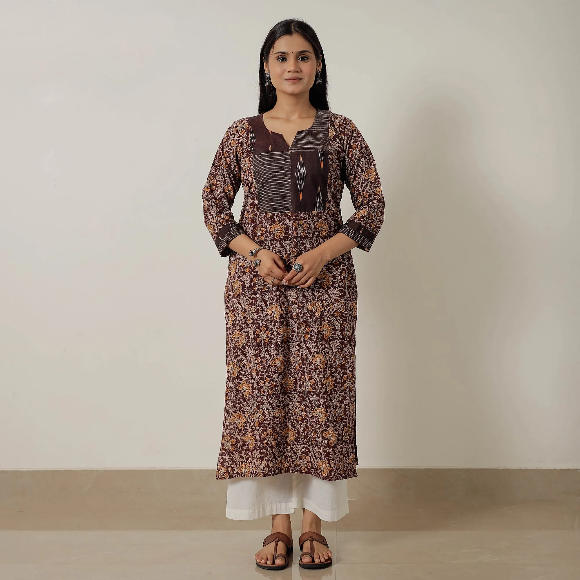 Maroon - Pedana Kalamkari Block Printed Cotton Straight Kurta with Patchwork 06 sold by Itokri