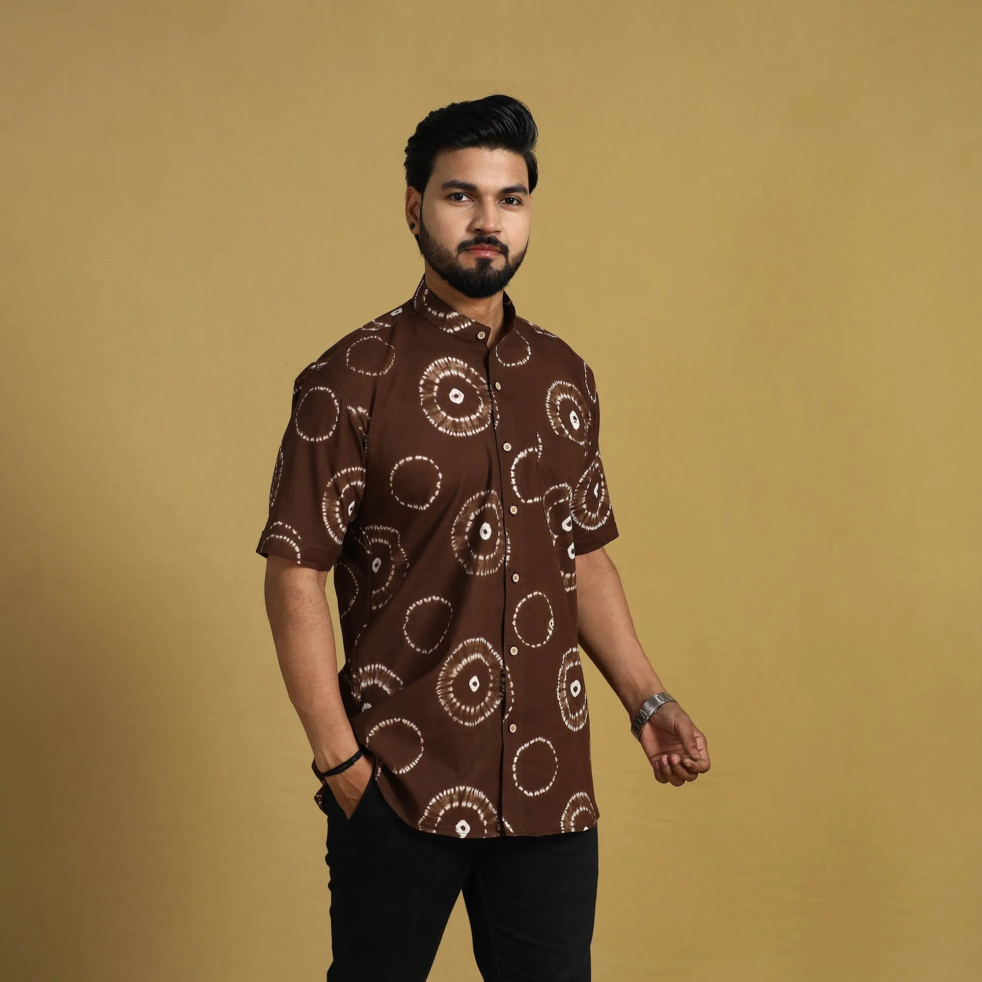 Brown - Half Sleeve Tie & Dye Cotton Men Shibori Shirt 10 sold by Itokri product image thumbnail 5