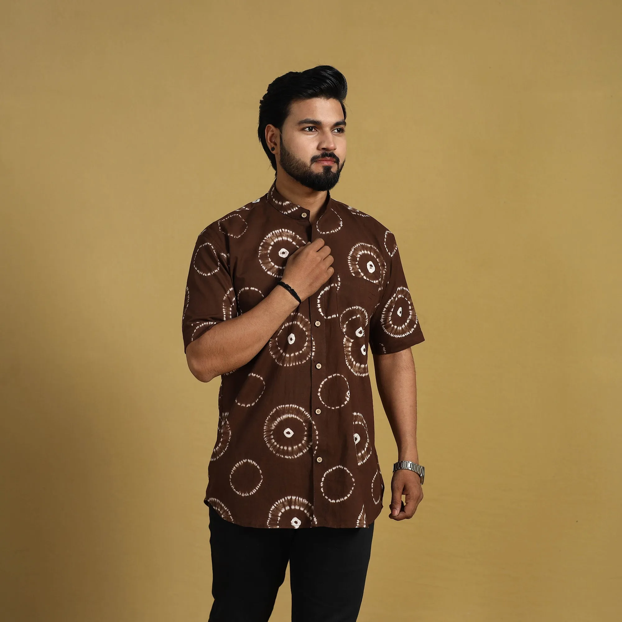 Brown - Half Sleeve Tie & Dye Cotton Men Shibori Shirt 10 sold by Itokri product image thumbnail 2