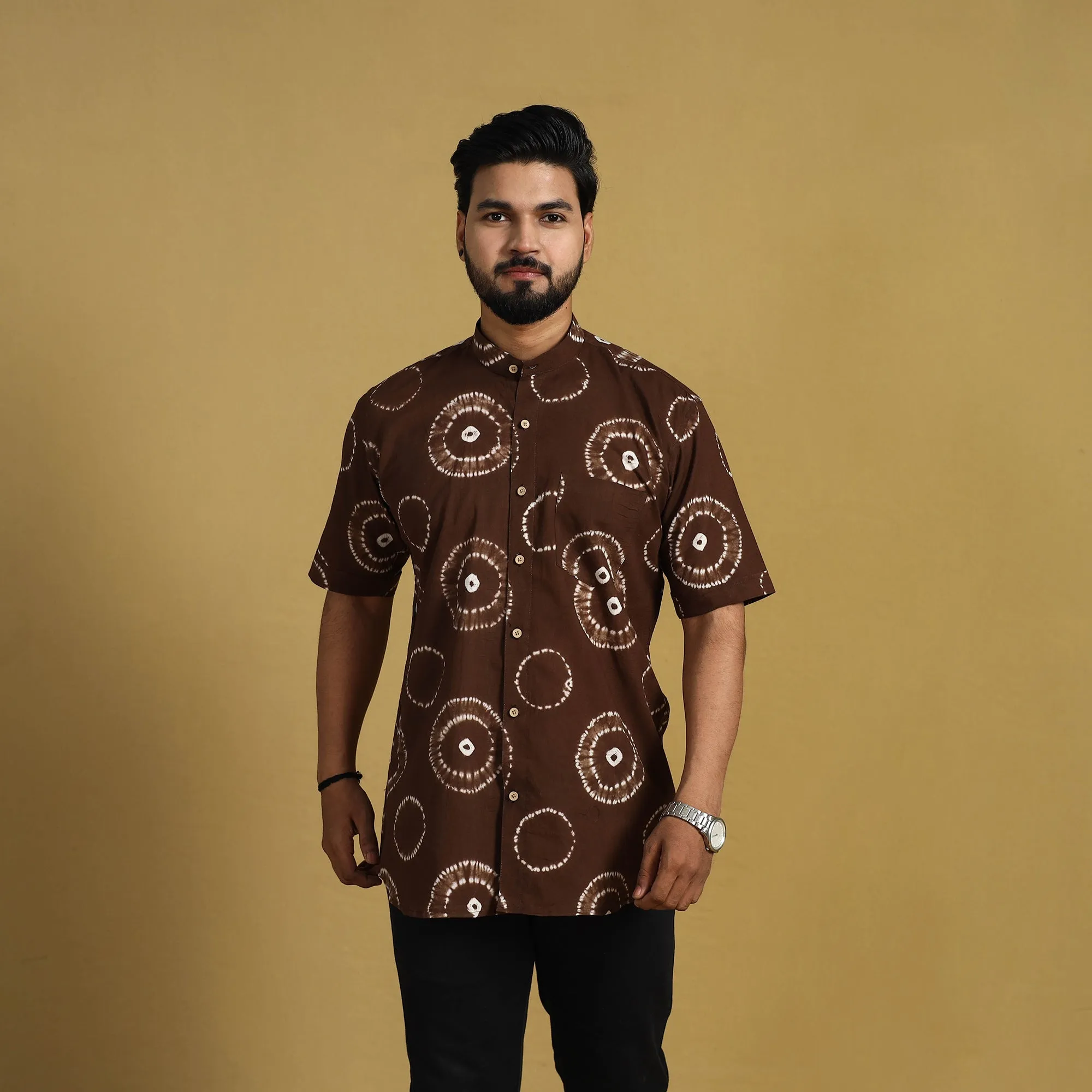 Brown - Half Sleeve Tie & Dye Cotton Men Shibori Shirt 10 sold by Itokri