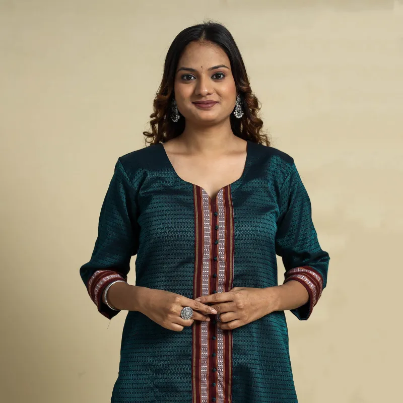 Dark Green - Khun Weave Cotton Straight Kurta made by Itokri