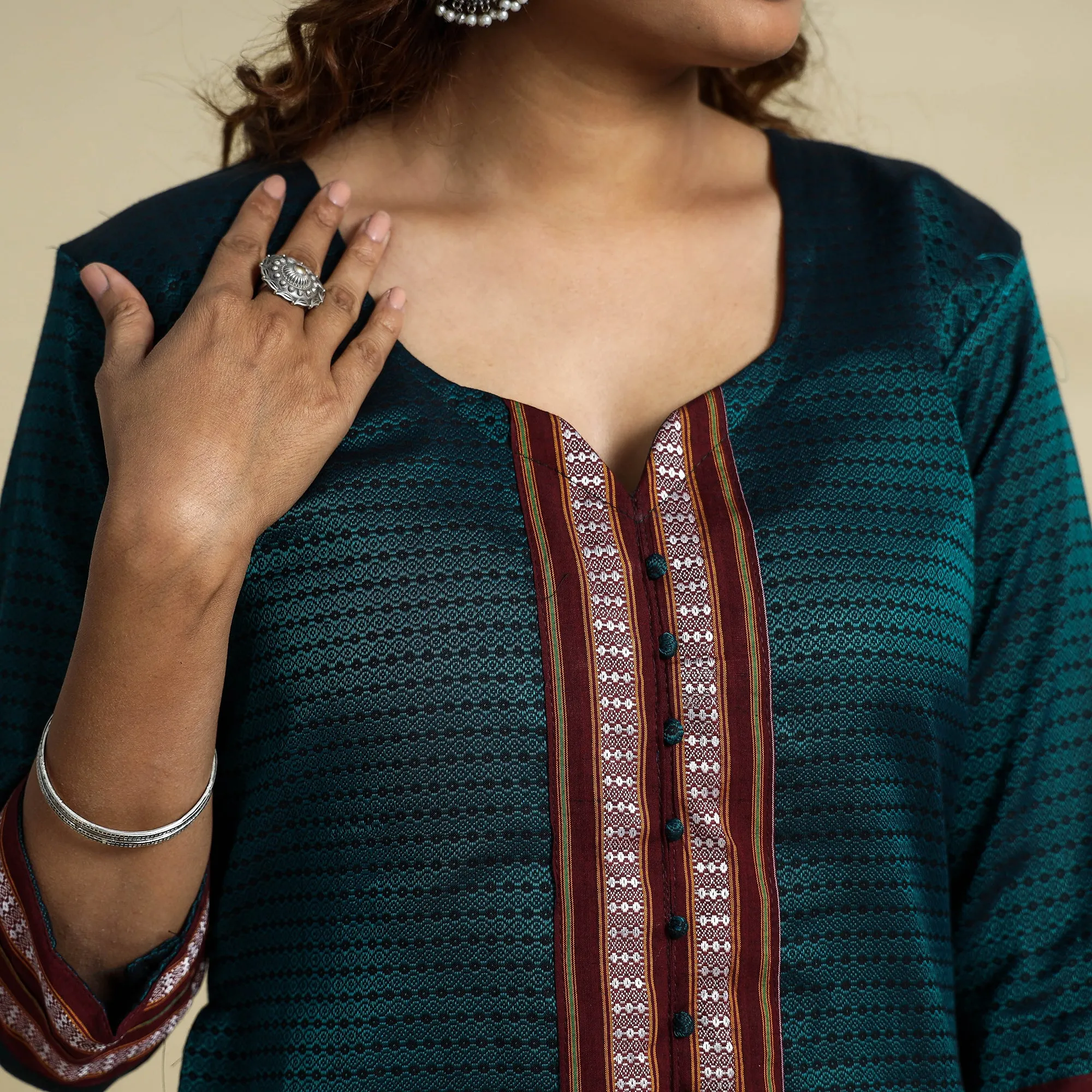 Dark Green - Khun Weave Cotton Straight Kurta sold by Itokri product image thumbnail 4