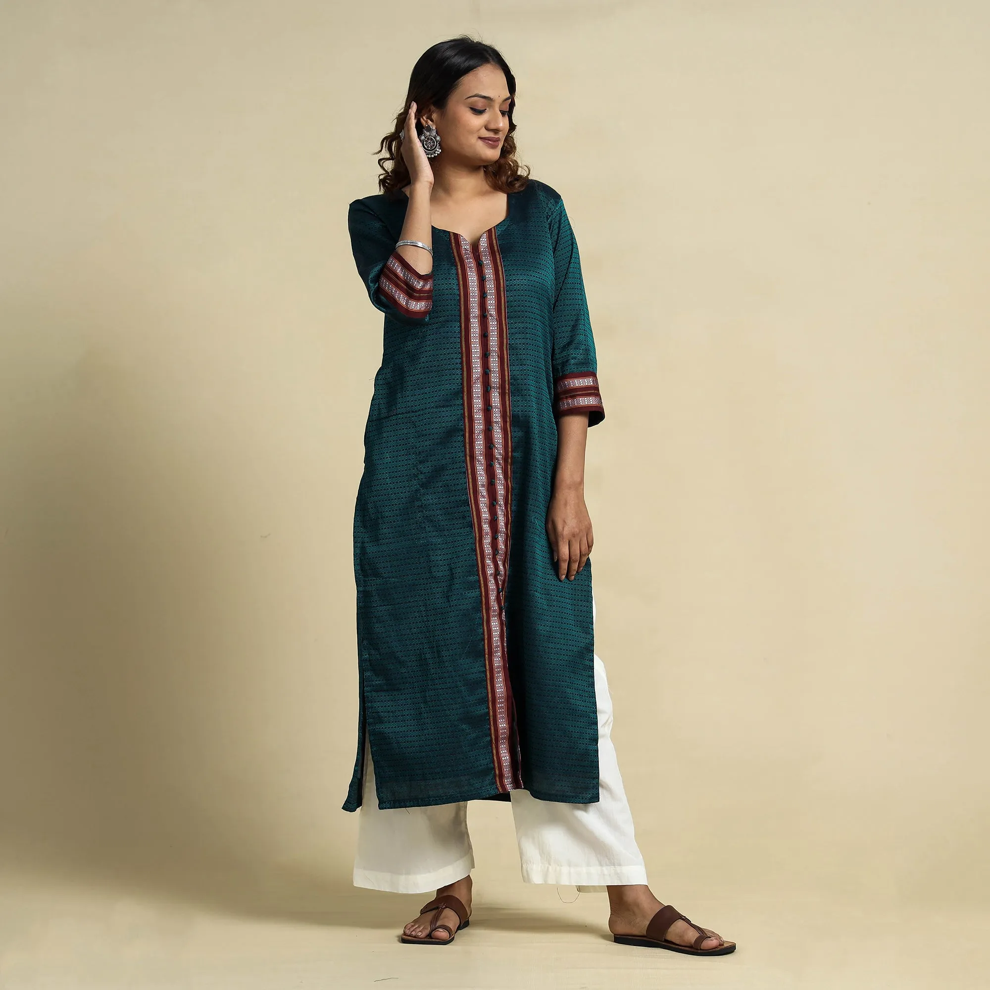 Dark Green - Khun Weave Cotton Straight Kurta sold by Itokri product image thumbnail 2