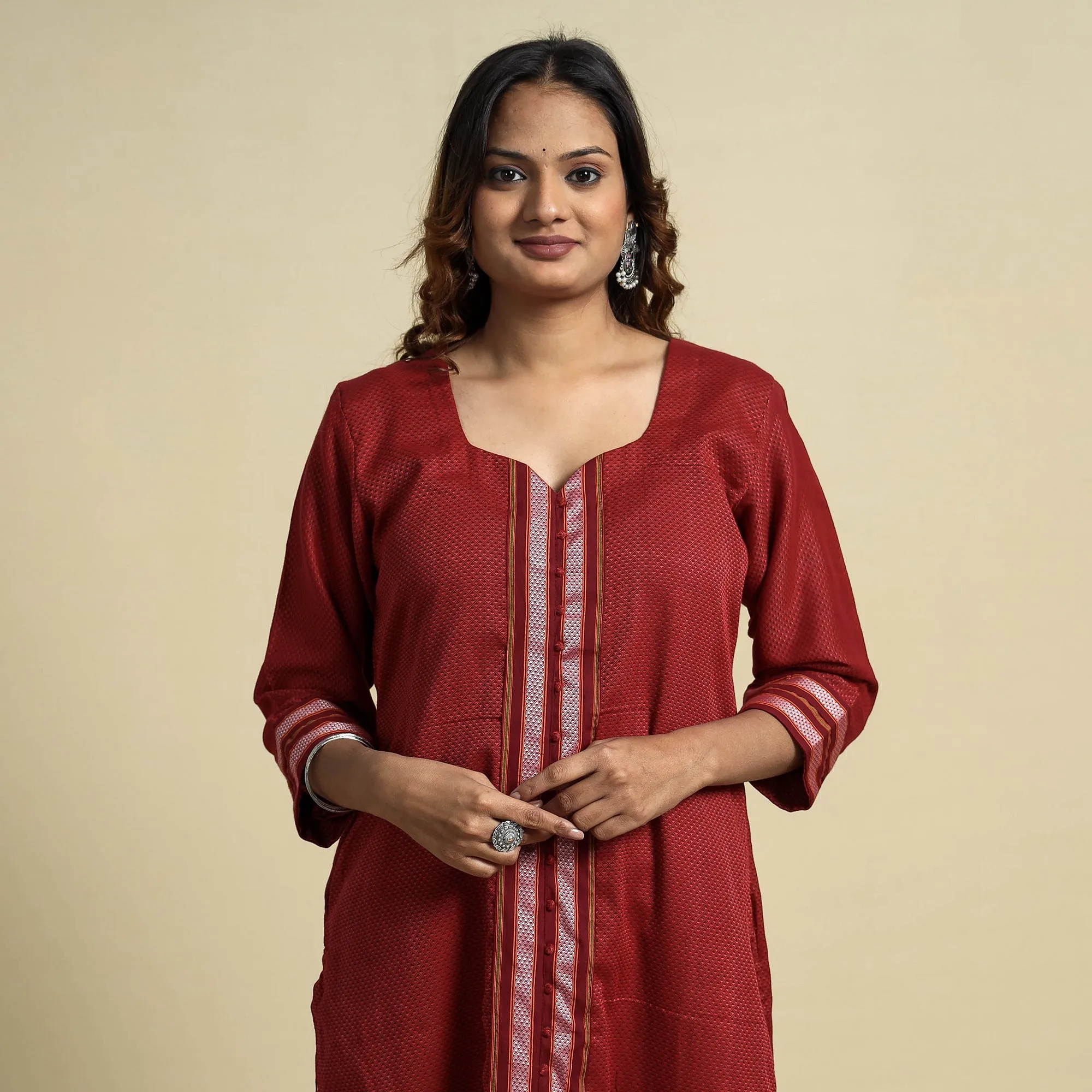Red - Khun Weave Cotton Straight Kurta sold by Itokri