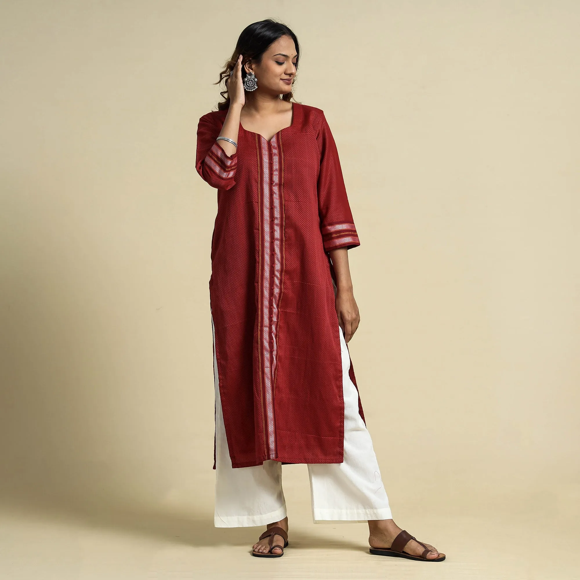 Red - Khun Weave Cotton Straight Kurta sold by Itokri product image thumbnail 2