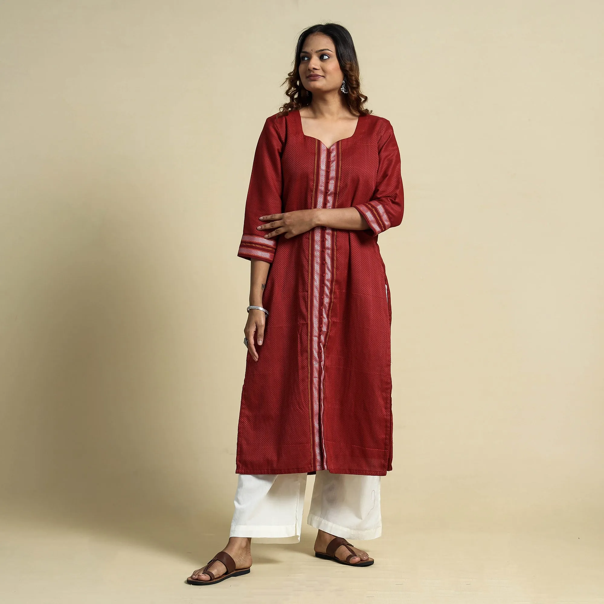Red - Khun Weave Cotton Straight Kurta sold by Itokri product image thumbnail 3