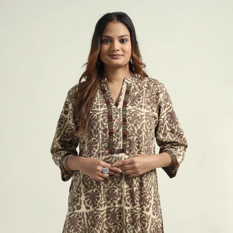 Brown - Vanaspati Hand Block Printed Cotton Straight Kurta made by Itokri