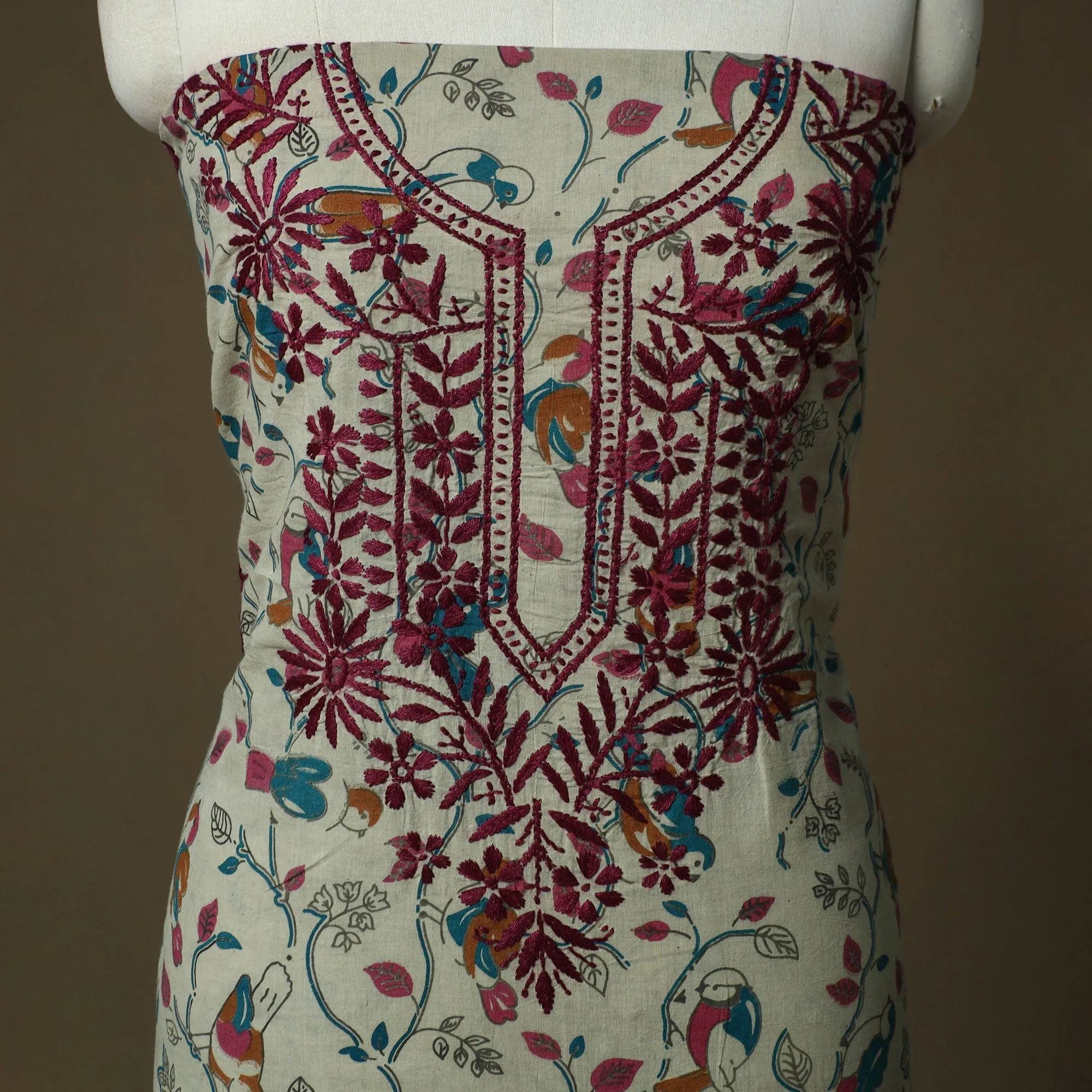 Grey - Lucknowi Chikankari Hand Work Kalamkari Unstitched Kurta Material (3M) 39 sold by Itokri product image thumbnail 3